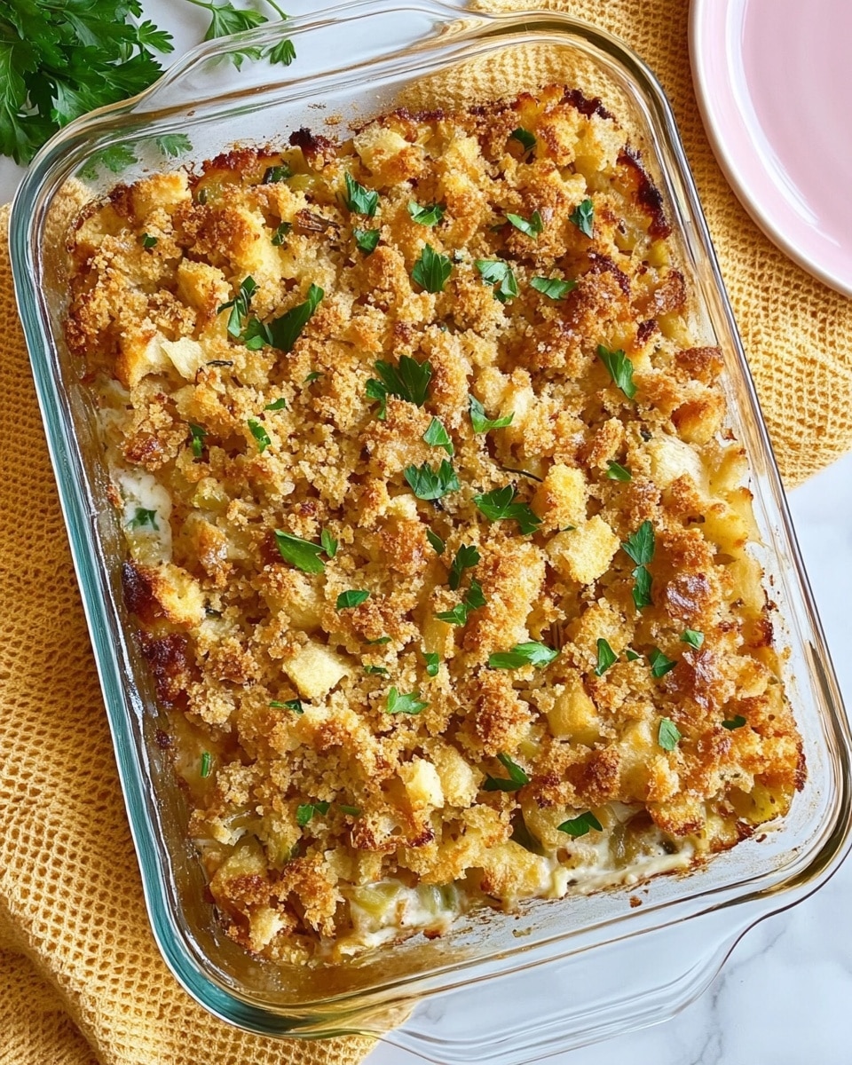 A rectangular clear glass baking dish filled with a baked casserole topped with a golden brown crunchy layer of broken bread pieces mixed with herbs and small green parsley leaves scattered on top. Beneath the topping, a creamy white sauce layer can be slightly seen, mixed with the browned crust. The dish rests on a yellow woven textured cloth with a pale pink white plate partially visible at the top right corner and a woman s hand holding a white dish towel at the bottom right. The whole arrangement sits on a white marbled surface. photo taken with an iphone --ar 4:5 --v 6.1