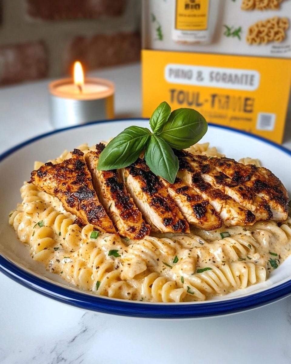 A white plate with blue trim holds two layers: the bottom layer is creamy fusilli pasta coated in a smooth, cheesy sauce speckled with small bits of green herbs, while the top layer is a sliced, spicy grilled chicken breast with a slightly charred, dark reddish-brown crust, arranged in a fan shape across the pasta. Two fresh green basil leaves sit on top of the chicken as garnish. Behind the plate on a white marbled surface, there is an orange candle burning and a box of pasta with yellow and white packaging in the background. Photo taken with an iphone --ar 4:5 --v 6.1