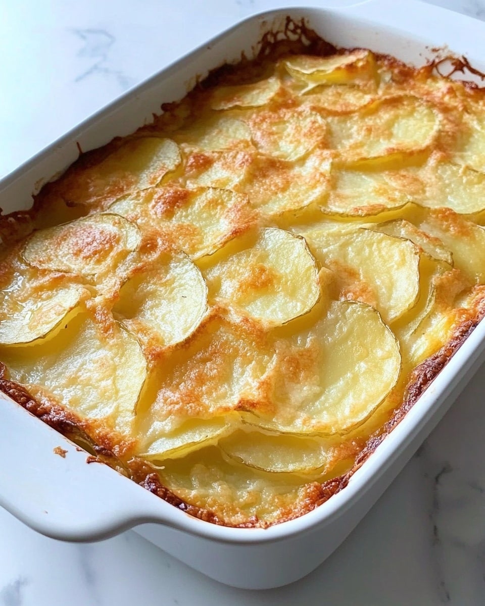 The image shows a white rectangular baking dish filled with a layered potato casserole. The top layer consists of thin, overlapping slices of golden-brown potatoes with slightly crisp edges and a creamy texture visible underneath. The edges of the dish have lightly browned spots where the casserole has baked well. The background is a white marbled surface. photo taken with an iphone --ar 4:5 --v 6.1