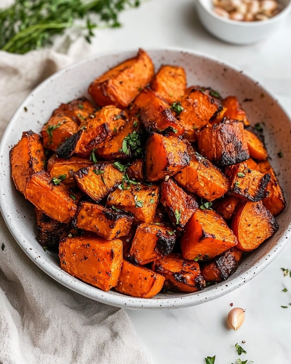 A white bowl filled with two layers of roasted orange vegetables, mainly sweet potatoes and carrots, each showing a slightly charred, caramelized surface with a crispy texture. The top layer is sprinkled with small green herbs that add a fresh contrast. The bowl sits on a white marbled surface with a soft, light gray cloth casually draped by its side. In the background, a small white bowl with more herbs and scattered garlic cloves are visible, enhancing the natural, rustic look of the scene. Photo taken with an iphone --ar 4:5 --v 6.1