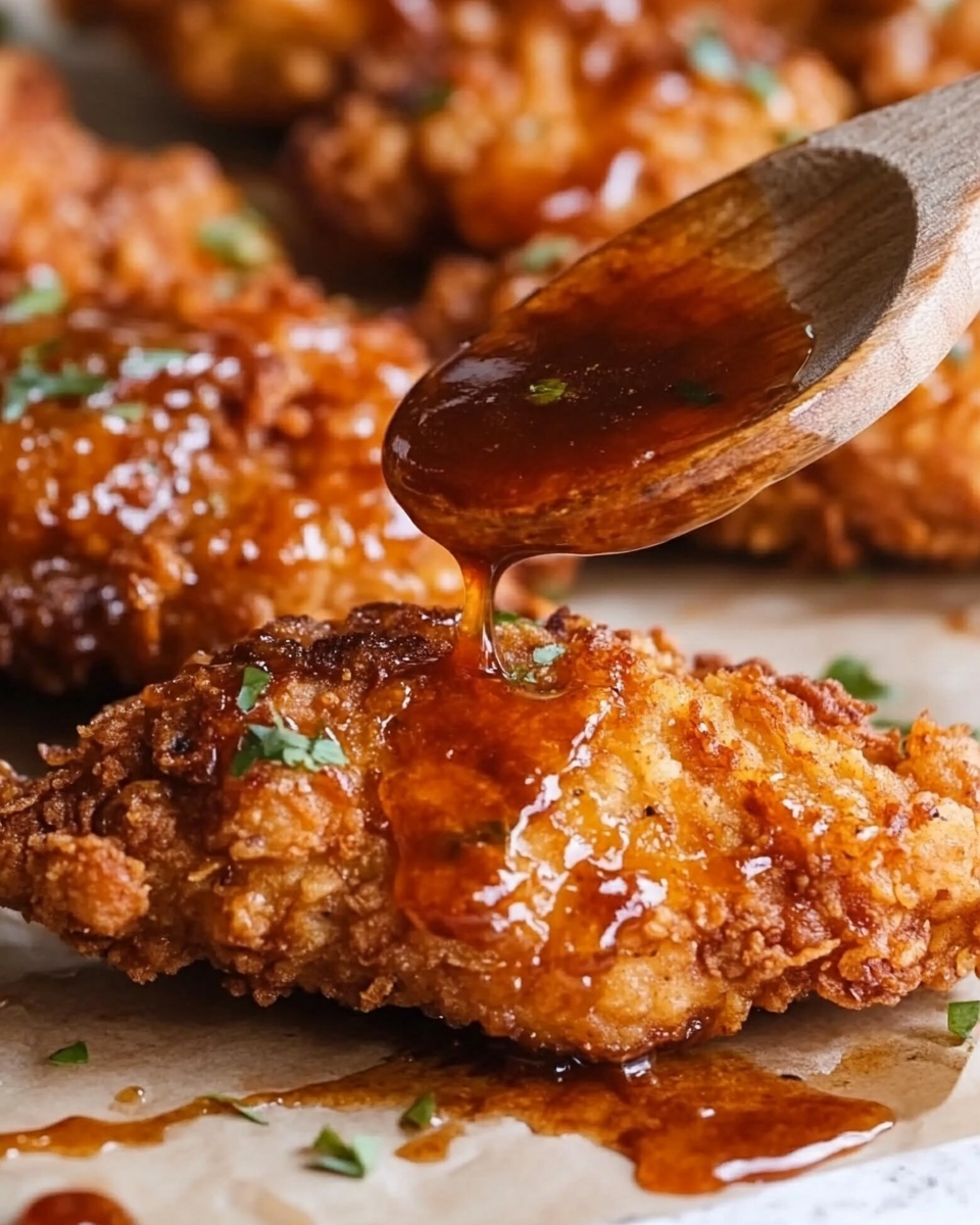 The image shows a close-up of a crispy, golden brown fried chicken strip with a crunchy texture and a reddish sauce drizzled on top. Small green herb pieces are sprinkled over the sauce, adding a fresh touch to the chicken. A woman's hand is holding the chicken strip, dipping it into a white bowl filled with a creamy white dipping sauce that has specks of green herbs floating in it. The bowl sits on a white marbled surface, and in the background, there are more pieces of the same crispy chicken on a white plate. The whole scene looks bright and appetizing. photo taken with an iphone --ar 4:5 --v 6.1