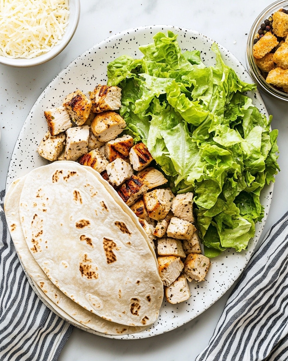 The image shows three tortilla wraps on white crumpled paper inside a white bowl, filled with layers of light brown grilled chicken pieces, green lettuce, golden croutons, and white creamy sauce. The wraps are cut in half, two halves lay open facing up revealing the filling, while the third wrap lies closed in the background. Extra golden croutons scatter around the wraps inside the bowl. The bowl rests on a white marbled surface with a striped cloth nearby. photo taken with an iphone --ar 4:5 --v 6.1