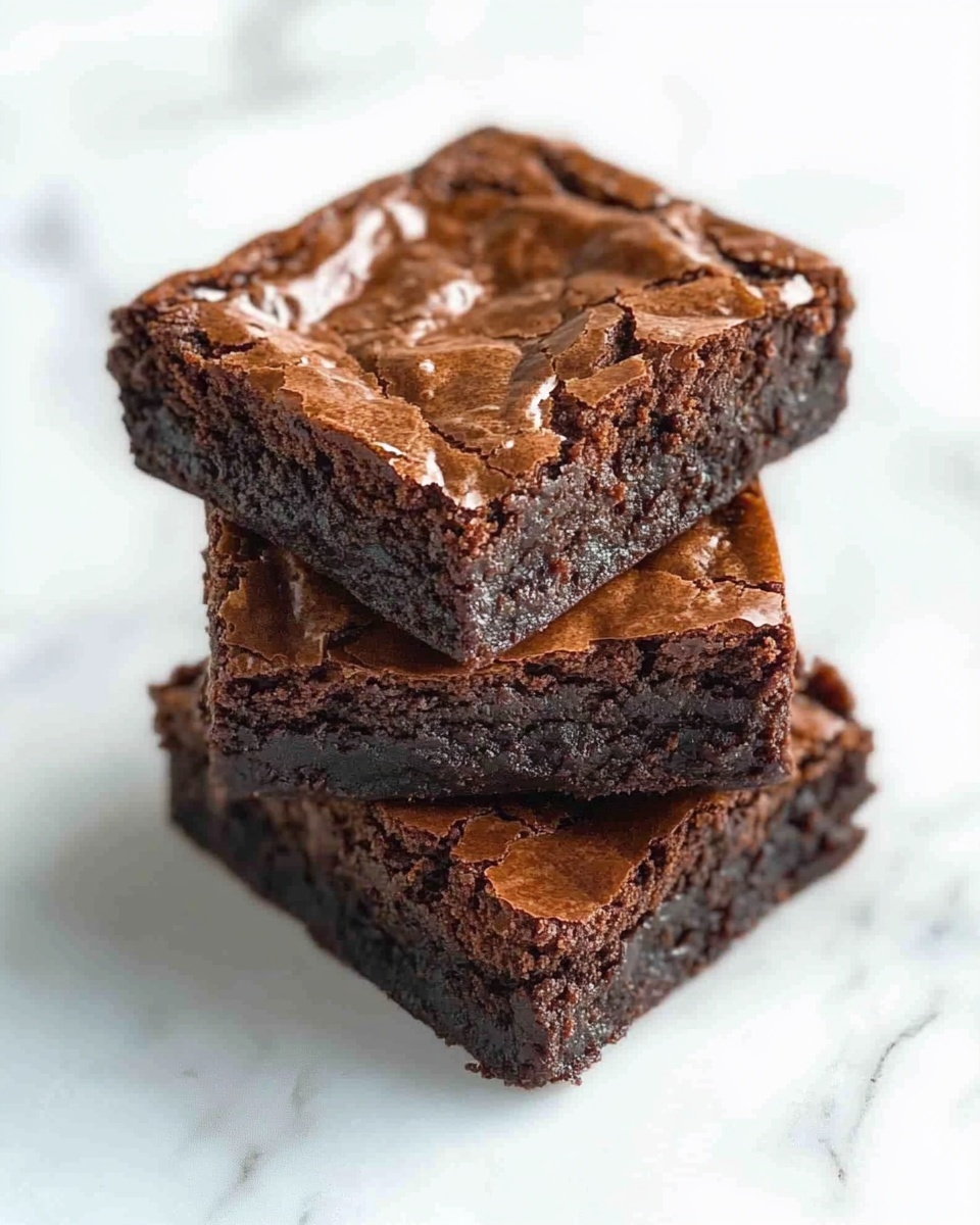 Three dark brown brownies are stacked on top of each other on a white marbled surface. Each brownie has a slightly cracked, shiny top layer with a dense, moist middle layer visible from the sides. The brownies have straight edges and look soft and rich in texture. The overall look is simple and focused on the chocolatey layers. Photo taken with an iphone --ar 4:5 --v 6.1