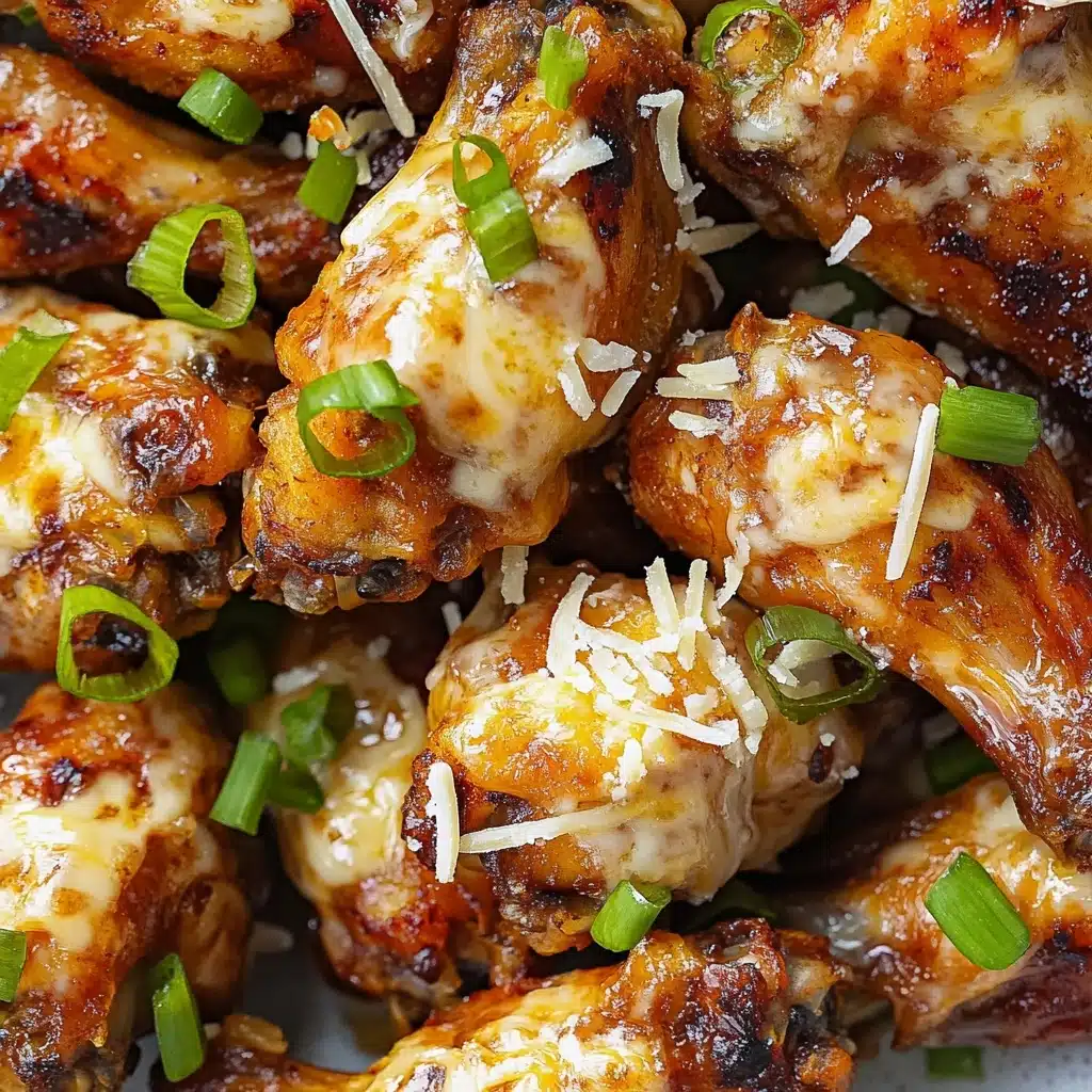 Crock Pot Garlic Parmesan Chicken Wings, slow cooker chicken wing recipes, easy garlic parmesan wings, homemade chicken wing dishes, simple appetizer recipes The image shows a pile of golden-brown chicken wings with a crispy texture on the outside, topped with melted white shredded cheese and sprinkled with bright green sliced scallions. Each wing has a slightly charred, caramelized surface that adds to the texture and color contrast. The wings are packed closely together, showing a juicy and savory look. The background has a white marbled texture.