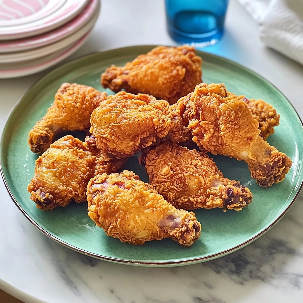 Buttermilk Fried Chicken, crispy fried chicken, Southern fried chicken, homemade fried chicken, best fried chicken recipe A green round plate filled with nine pieces of crispy fried chicken arranged close together, each piece showing a crunchy and golden brown crust with textured, rough spots and some darker fried areas, the plate placed on a white marbled surface with a blue glass of water and a stack of white plates with pink stripes partially visible on the left side,