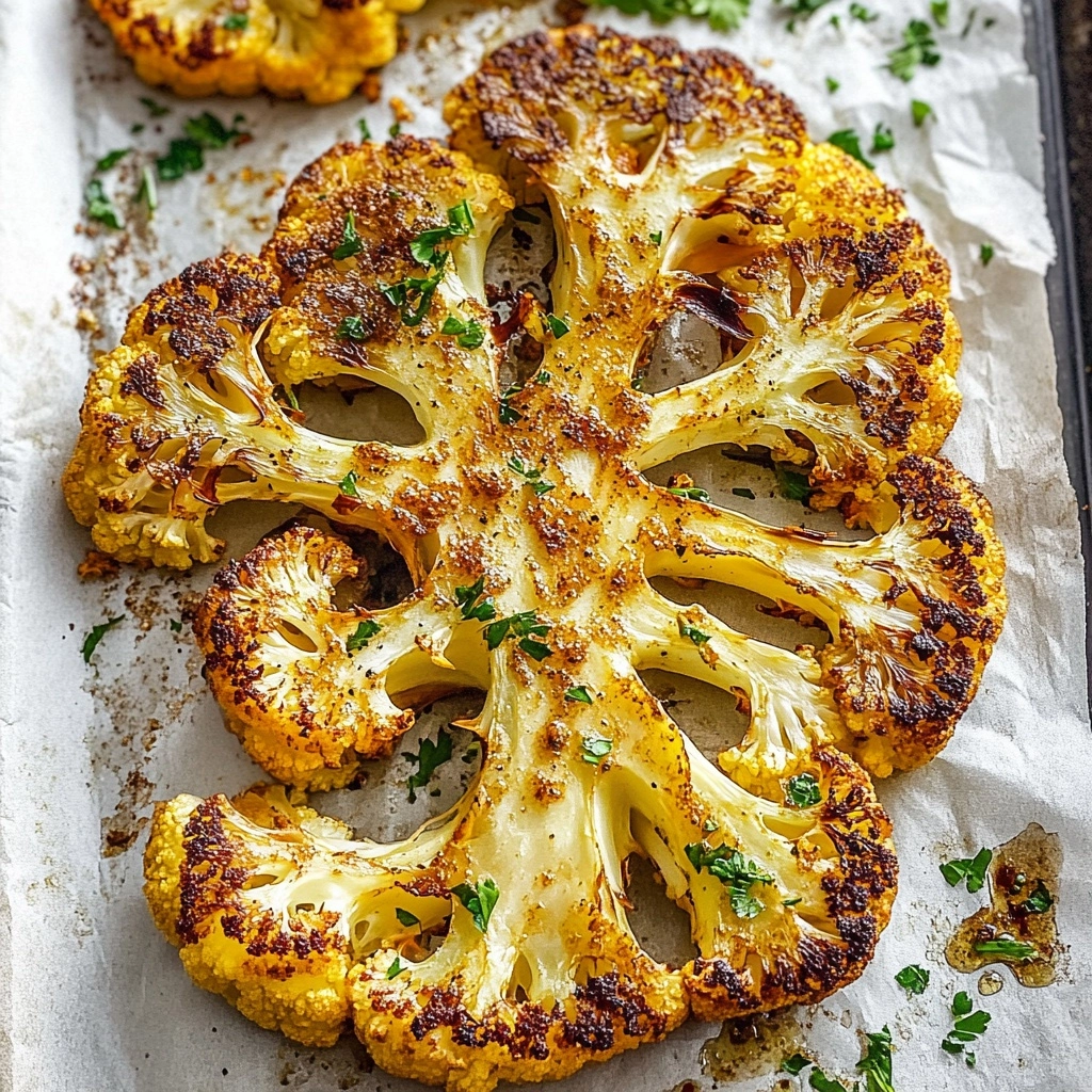Cauliflower Steak, Roasted or Grilled Cauliflower, Vegetarian Dinner Ideas, Meatless Monday Recipes, Easy Cauliflower Recipes A large roasted cauliflower steak sits flat on a piece of parchment paper, showing its open, tree-like shape. The thick cauliflower slice has a golden yellow top layer from spices, with crispy and browned edges. Green herbs are scattered across the top for a fresh look and a sprinkle of seasoning is visible on the white marbled texture background.