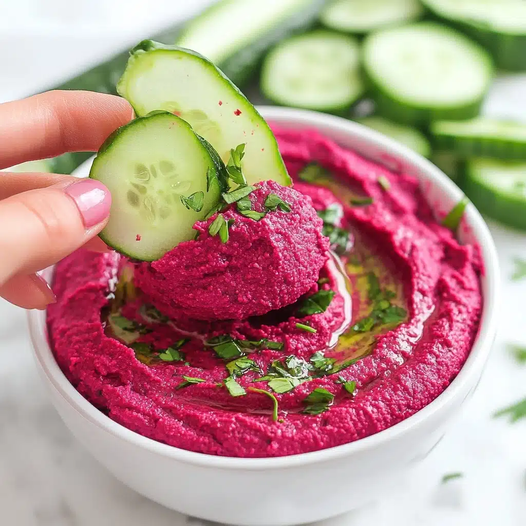Easy Beetroot Hummus with Tahini, beetroot hummus, dairy-free hummus, healthy beetroot dip, plant-based beetroot spread A white bowl holds a thick, smooth layer of bright pink beet hummus, topped with bits of chopped green herbs. In the front, a woman's hand is holding a slice of cucumber with a scoop of the hummus on top, showing the creamy texture and bold color contrast. In the background, there are more cucumber slices and a hint of radish, all set on a white marbled texture.