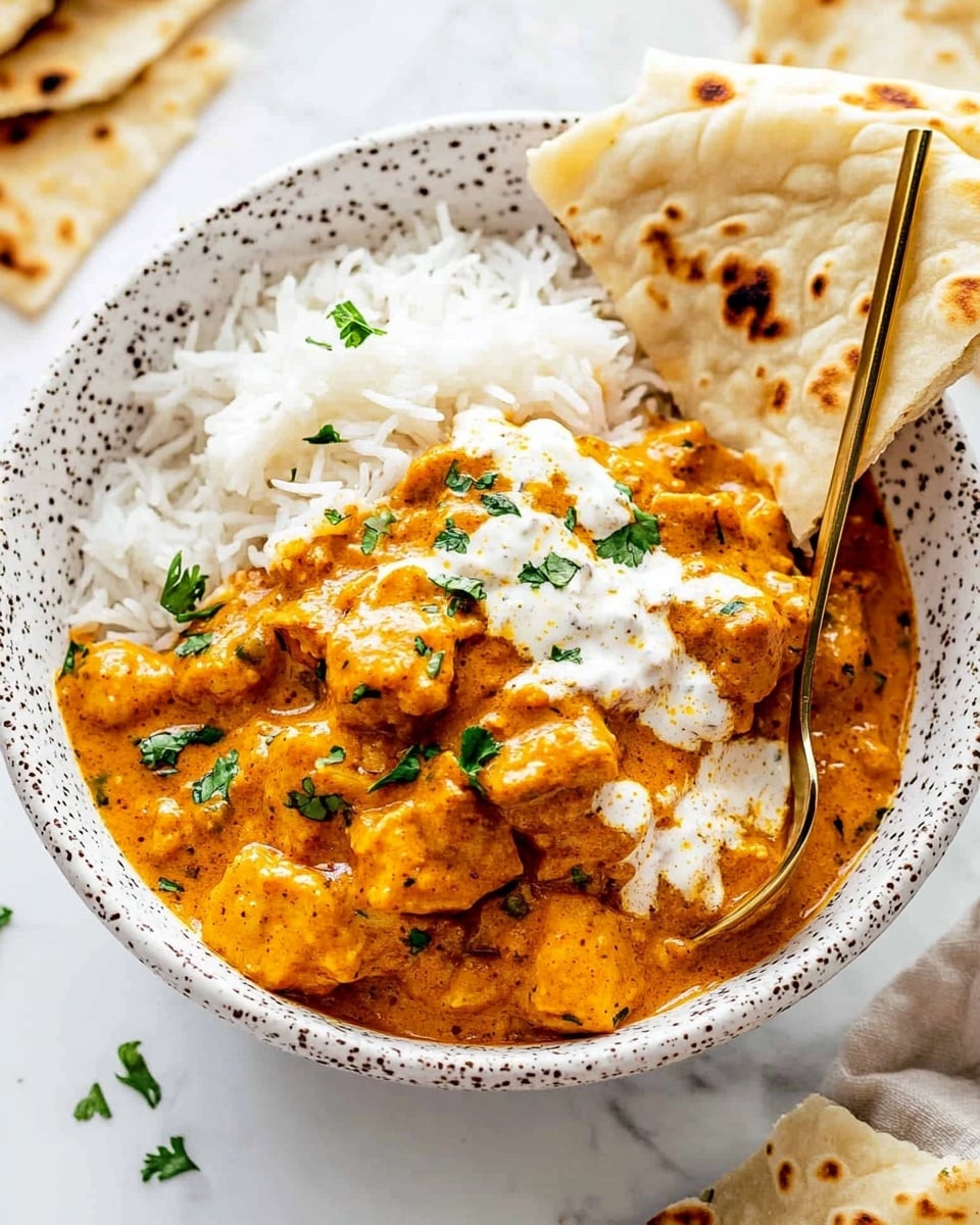 Instant Pot Chicken Tikka Masala, easy Indian chicken curry, quick Instant Pot curry, flavorful tikka masala recipe, restaurant-style chicken tikka masala A white bowl sits on a white marbled surface, filled with a layer of fluffy white rice at the bottom, topped with thick chunks of orange-brown curry chicken mixed with small pieces of herbs and spices visible in the sauce. The curry has a creamy texture with bits of green herb sprinkled on top, adding color contrast. On one side of the bowl, there are folded pieces of flatbread resting partly on the rice, showing light brown toasted spots on the bread's soft white surface. A metal spoon is placed in the bowl, ready for serving. The overall look is warm and inviting, with textured layers standing out clearly.