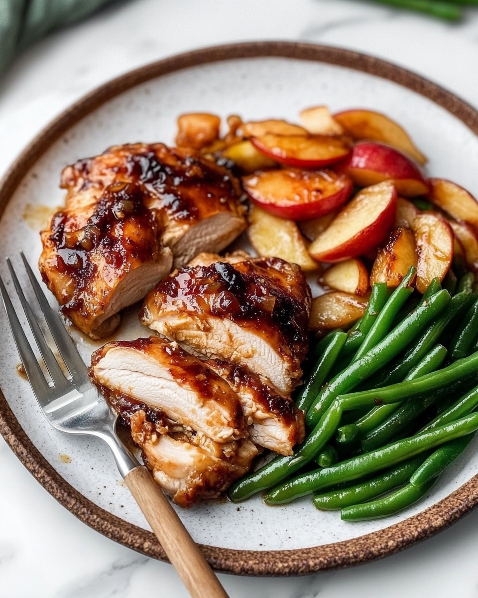 Apple Cider Chicken with Seared Thighs and Caramelized Onion Glaze, apple cider chicken, easy chicken dinner, fall-inspired chicken, savory chicken thigh recipe A white plate with brown ridged edges holds a meal divided into three parts. On the left are two pieces of cooked chicken with a browned, slightly crispy skin, one piece opened to show white meat inside, topped with small sauteed onion bits and brown sauce. Around the chicken are several cooked apple slices with soft orange and red hues and a shiny sauce glaze. On the right side of the plate is a pile of bright green, shiny cooked green beans, neatly stacked. A silver fork with a wooden handle rests on the bottom left of the plate, partially under the chicken. The plate is placed on a white marbled textured surface, with green and red apples partly visible at the bottom edge.