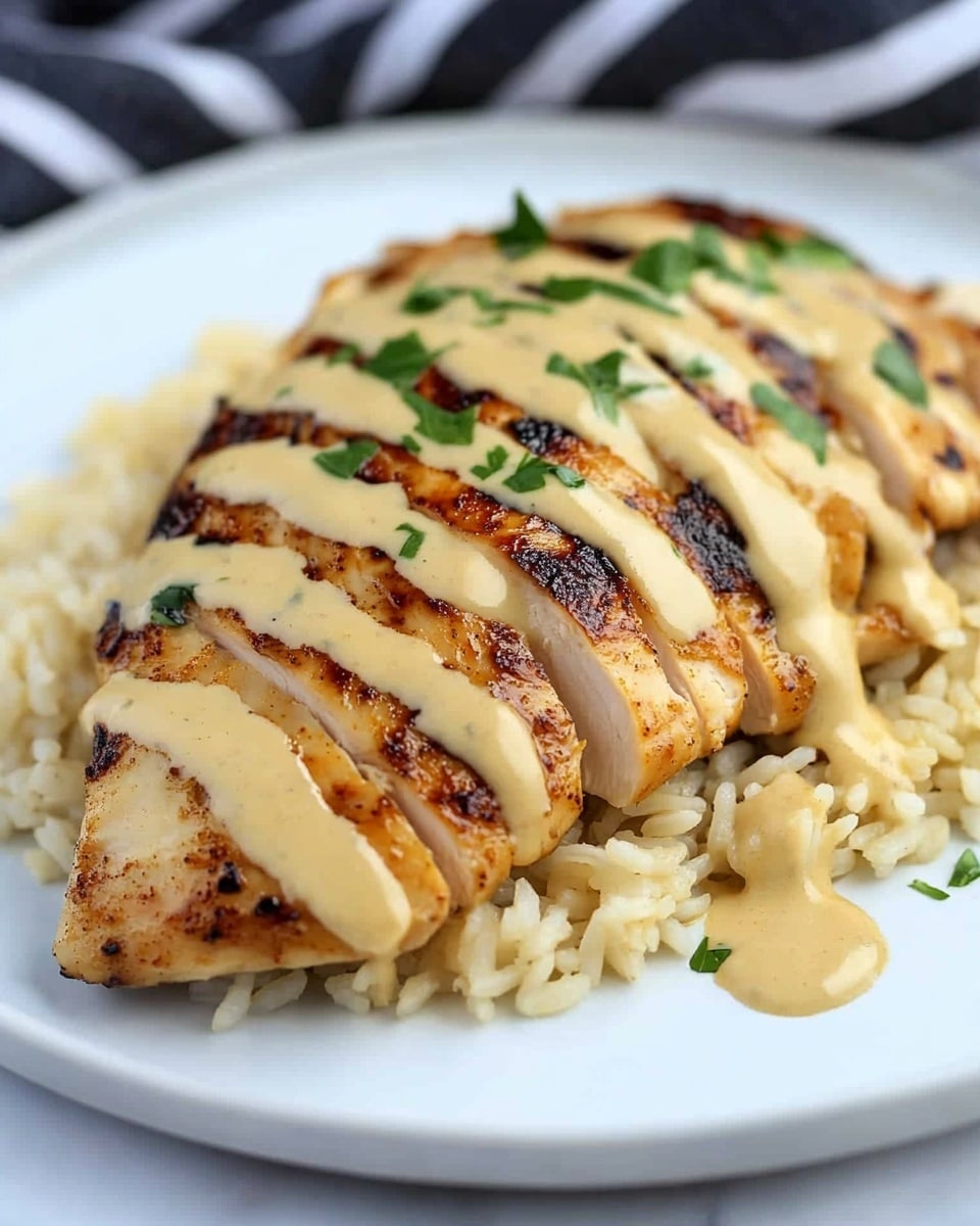 Mexican Chicken with Cheese Sauce, Mexican Chicken, Cheese Sauce Recipe, Easy Mexican Chicken Dinner, Flavorful Chicken with Cheese Sauce The dish shows two main layers on a round white plate placed on a white marbled surface. The bottom layer is yellowish cooked rice with some green herb pieces mixed in. On top of the rice, there is sliced grilled chicken with a golden brown, slightly charred surface. A creamy, light beige sauce is drizzled over the chicken and rice, sprinkled with small bits of green herbs. The rice and chicken fill most of the plate, with some grains of rice loose around the edges.