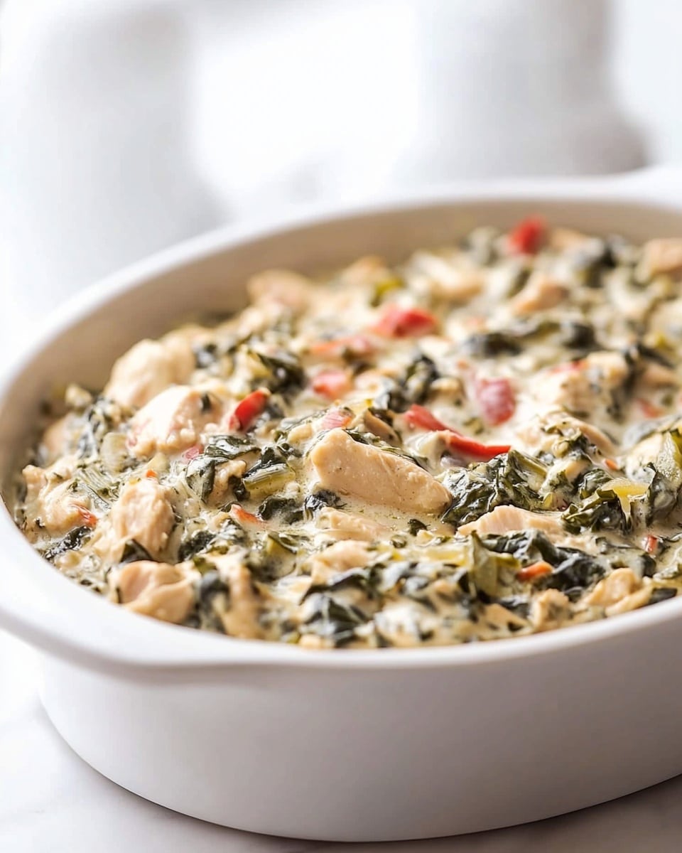 Creamy Chicken and Veggie Casserole, healthy chicken casserole, comforting chicken bake, veggie-packed casserole, easy chicken and vegetable dish The dish is presented in a white oval baking dish with handles on each side, filled with a creamy mixture that has three visible layers. The base layer has a light green, leafy texture, with dark green chopped leaves spread throughout. The middle layer shows pieces of light beige meat, mixed with bright red strips of bell pepper adding color contrast. The top layer is covered with the creamy sauce that has a smooth, slightly shiny texture with flecks of dark green herbs and small chunks of vegetables visible. The dish sits on a beige cloth with a simple black grid pattern, placed on a white marbled surface. Nearby are two white salt and pepper shakers and a plain white bowl partially visible at the bottom right.