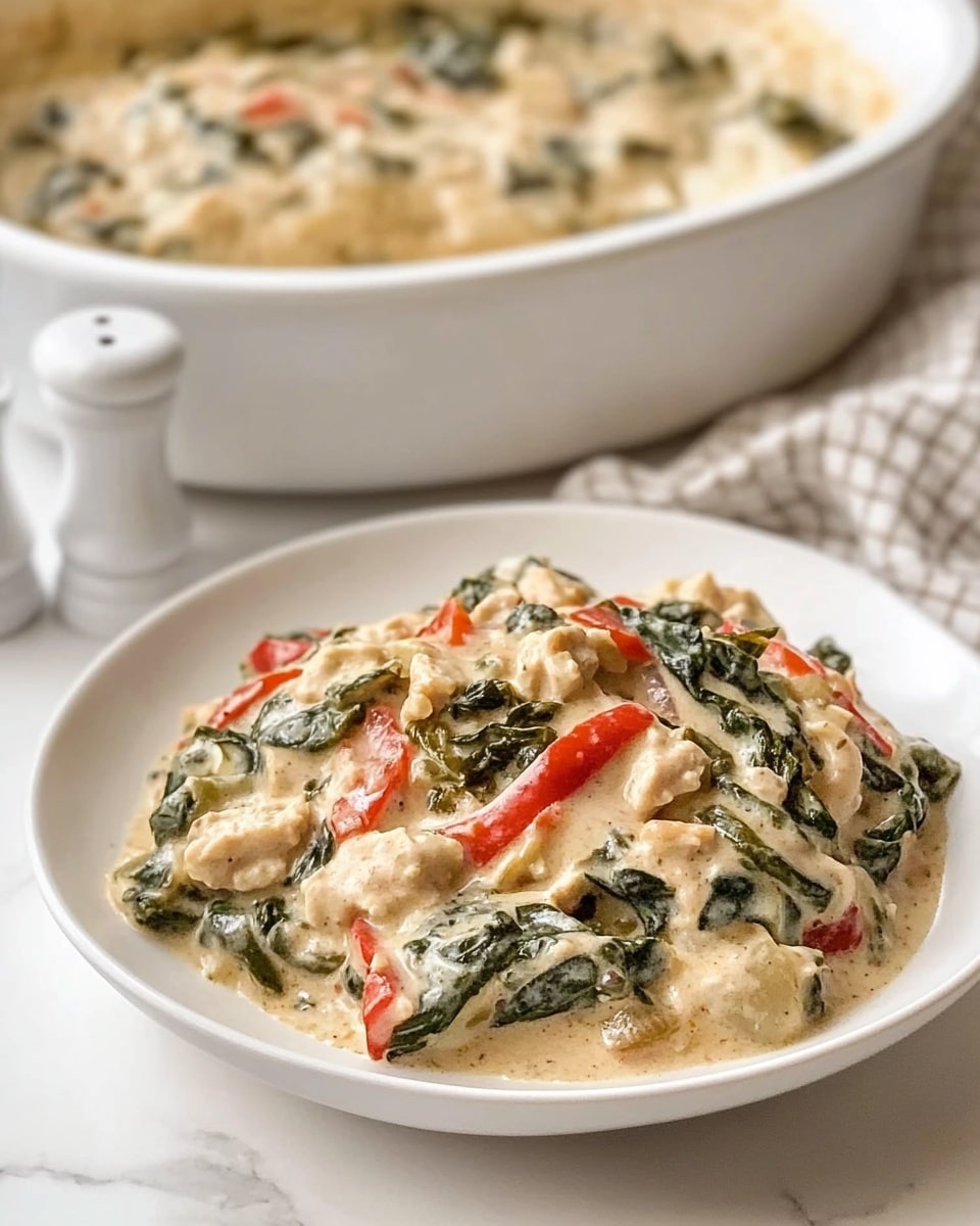 Creamy Chicken and Veggie Casserole, healthy chicken casserole, comforting chicken bake, veggie-packed casserole, easy chicken and vegetable dish The image shows a white deep plate with a creamy dish served on it. The dish has several layers: a thick, light beige sauce as the base, mixed with cooked dark green leafy vegetables, and strips of red and green bell peppers peeking through. The texture looks soft and creamy with small chunks of light-colored protein scattered throughout. Behind the plate, there is a large white ceramic baking dish filled with the same creamy mixture that has a slightly browned top layer. The setting is on a white marbled surface with a beige and black checkered cloth partly under the baking dish and a white salt shaker nearby.