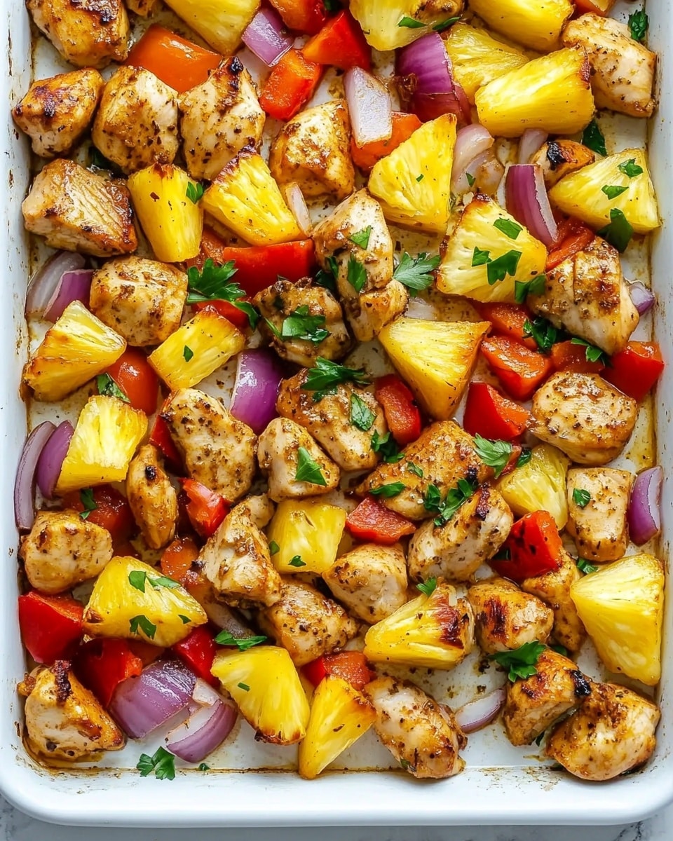 Hawaiian Chicken Sheet Pan Meal, Hawaiian Chicken Bake, Easy Hawaiian Chicken Dinner, Pineapple Chicken Sheet Pan, Simple Hawaiian Chicken recipe The image shows a white baking tray filled with cooked pieces of golden brown chicken mixed with bright yellow pineapple chunks, red bell pepper slices, and purple onion wedges. The ingredients are spread evenly across the tray, creating a colorful mix with small green parsley leaves sprinkled on top for garnish. The surface underneath the tray is a white marbled texture. The