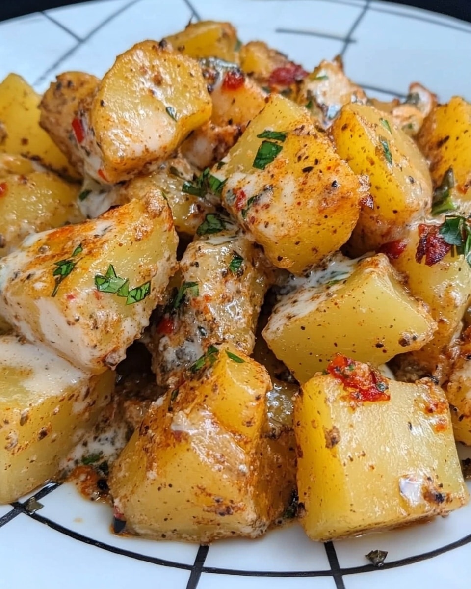 Garlic Parmesan Crockpot Chicken and Potatoes, Crockpot chicken and potatoes, easy slow cooker chicken dinner, savory chicken and potato recipe, comforting crockpot meal A plate with two parts: the first layer on the lower side is a creamy mixture of light beige chicken pieces and yellow potato chunks covered in a white sauce, sprinkled with small green herb bits. The second layer on top is a rectangular piece of golden-brown toasted garlic bread with a crispy texture and some small green herb sprinkles. In the background, a white bowl is filled with more of the same toasted garlic bread, placed on a white marbled surface.