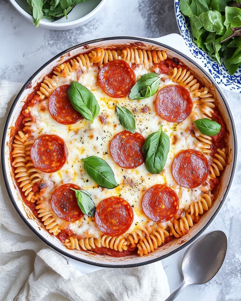 Cheesy Pepperoni Pasta Bake, easy pasta bake recipes, cheesy pasta dishes, weeknight dinner ideas, comfort food pasta This image shows a white bowl filled with layers of pasta shells mixed with tomato sauce, melted cheese, and slices of pepperoni. The base layer has orange-red pasta shells coated in sauce, then topped with round, shiny red pepperoni pieces and melted creamy cheese that blends into the pasta. On top, there are small green herb leaves scattered for color. The bowl is set on a white marbled surface with a folded green napkin partially visible beneath it. The photo is taken with an iphone