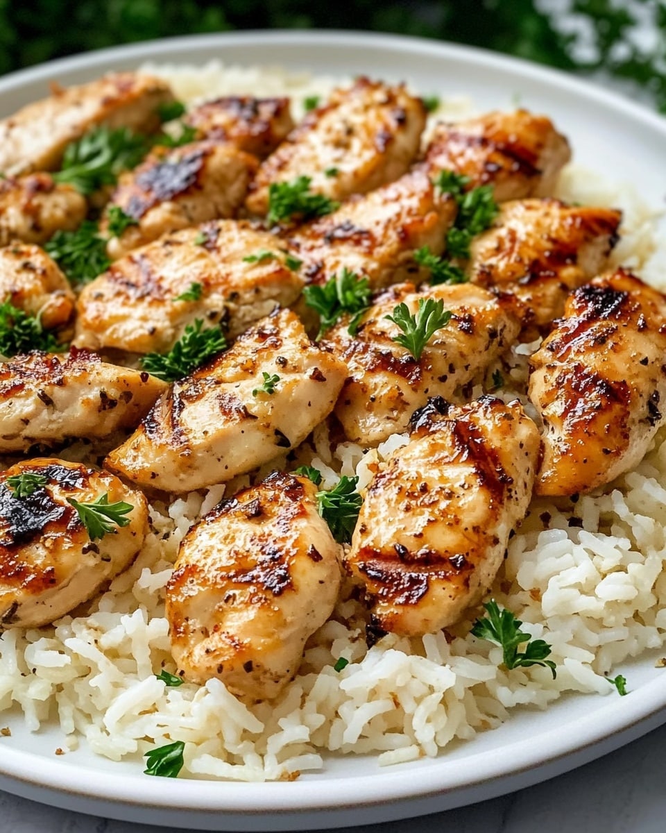 Garlic Parmesan Chicken Scampi, Chicken Scampi, Garlic Parmesan Chicken, Easy Chicken Recipes, Italian Chicken Dinner On a white plate with a white marbled surface behind it, two golden-brown grilled chicken tenders sit on a bed of fluffy white rice. The chicken has a slightly crispy, charred texture with visible seasoning and small bits of melted cheese on top. The rice underneath is slightly glossy, showing some gentle sticking together, with small green parsley pieces scattered for color contrast. The
