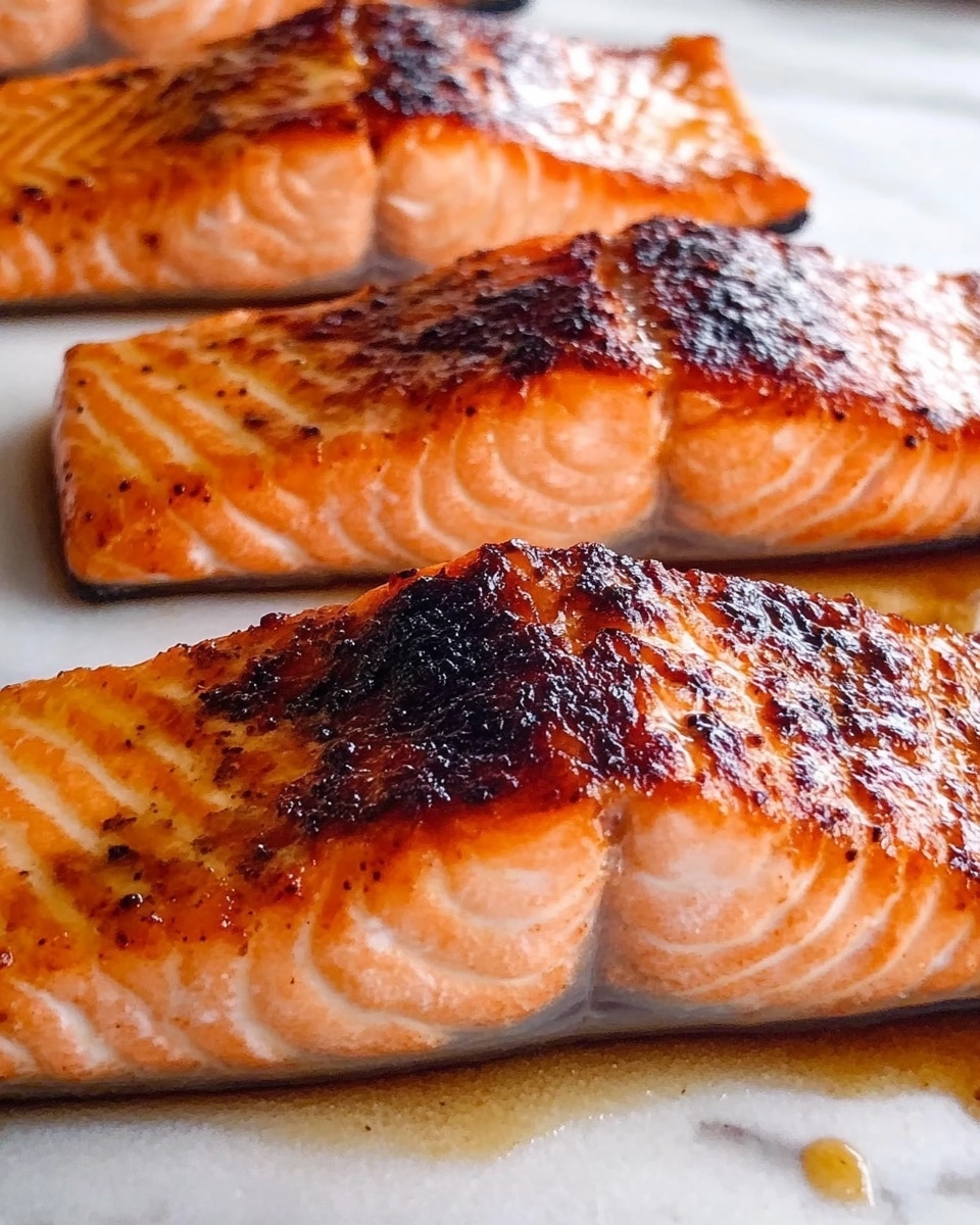 Chili Maple Glazed Salmon, chili maple glazed salmon, spicy sweet salmon, quick healthy salmon dinner, glazed salmon recipes The image shows three cooked salmon fillets on a white plate placed on a white marbled surface. Each fillet has a shiny, dark brown, slightly crispy skin on top, with the flesh underneath a bright pinkish-orange color, smooth and moist. The fillets are lined up side by side with a bit of golden oil or sauce around them on the plate, creating a slight shine. In the background, blurred, there is a white bowl with pale yellow mashed potatoes and some green beans on a white dish.