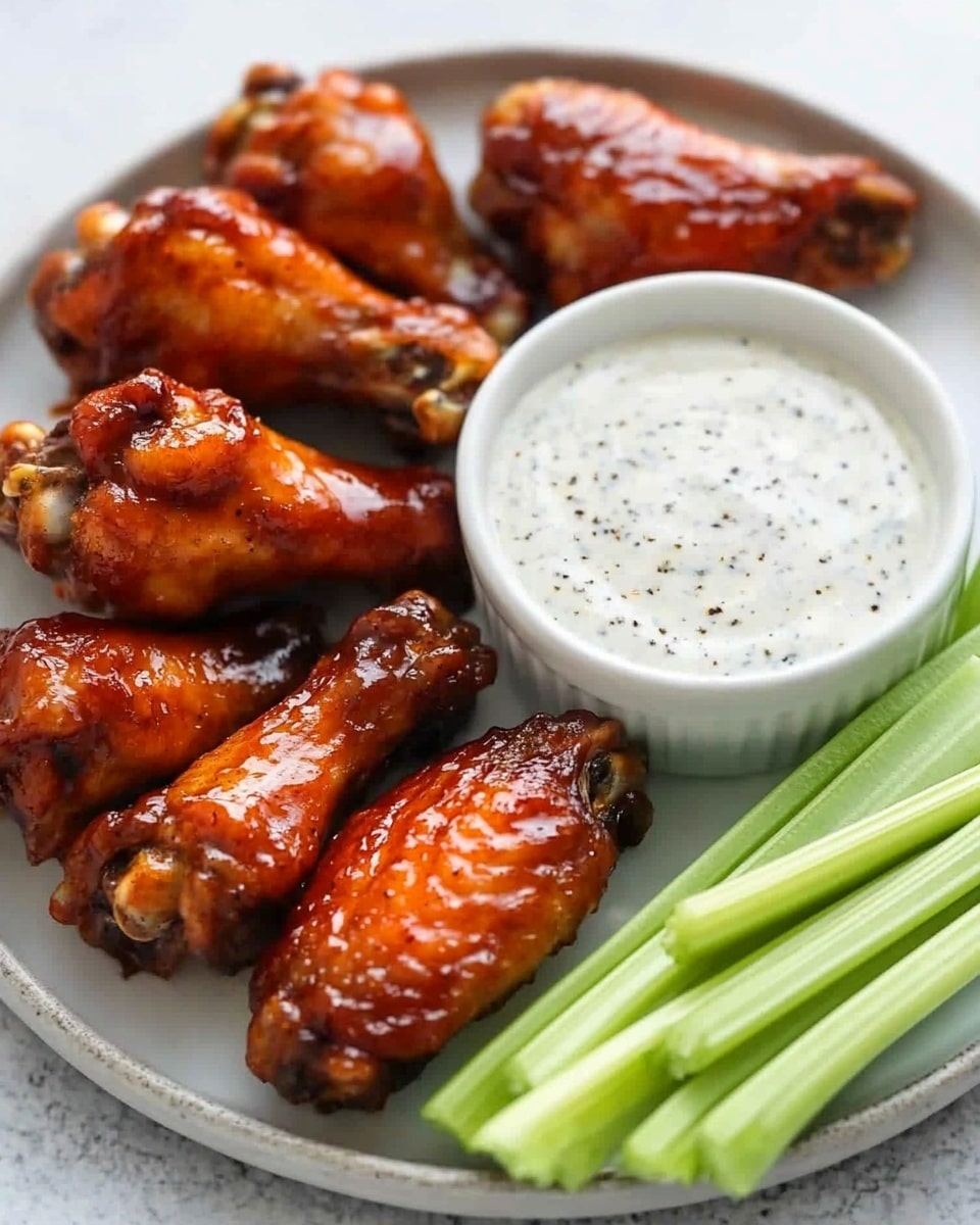 Crispy Baked Chicken Wings, baked chicken wings, crispy chicken wings recipe, oven-baked chicken wings, homemade chicken wings The image shows a close-up of several glazed chicken wings arranged on a white plate placed on a white marbled surface. The wings have a deep reddish-brown color with a glossy, sticky texture, sprinkled lightly with black pepper flakes. On the right side of the plate, there are a few light green celery sticks and a small white bowl filled with a white dipping sauce that has a smooth texture and is cracked with black pepper on top. The overall look is vibrant, with the rich color of the wings contrasting against the pale celery and creamy sauce.