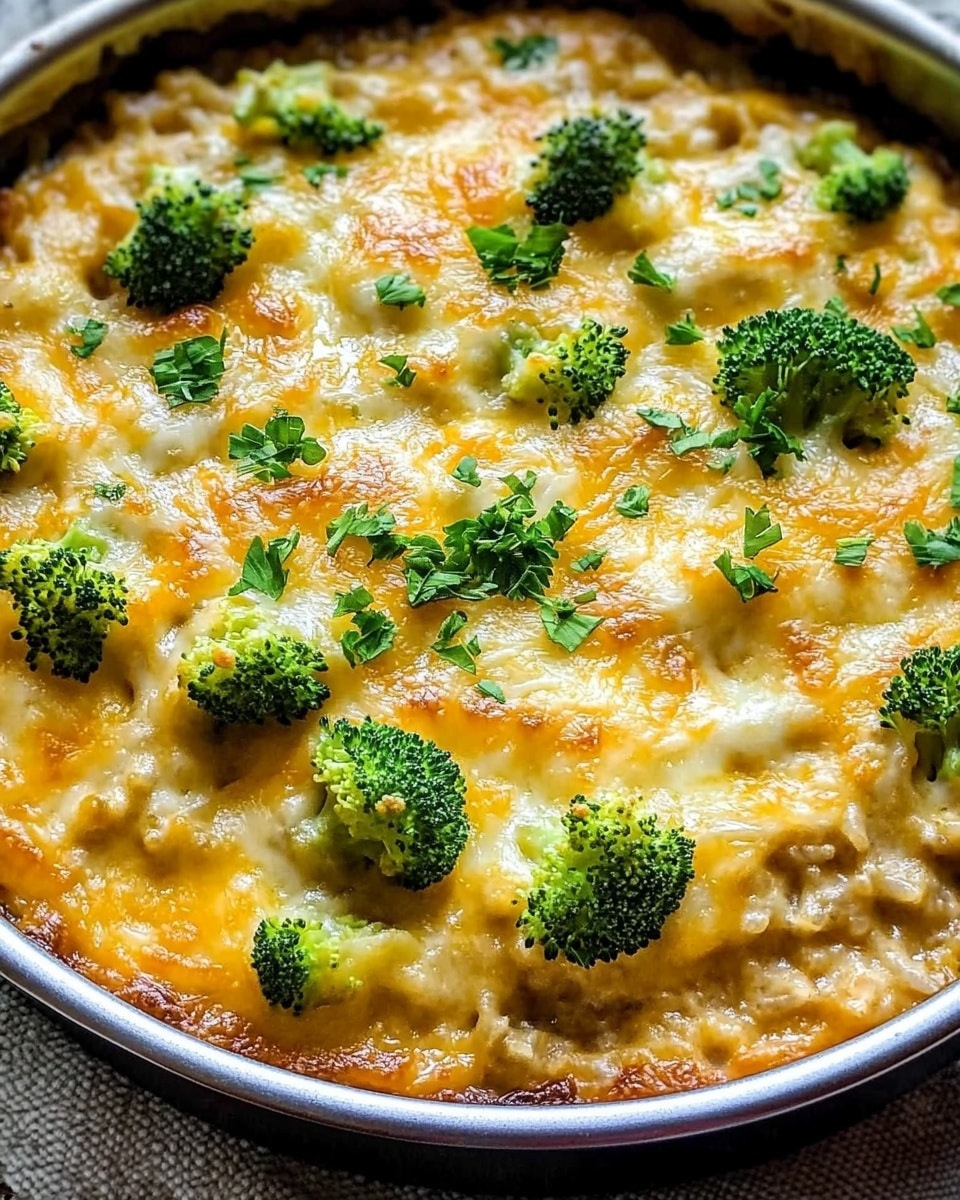 Cheesy Broccoli Chicken and Rice Casserole, cheesy chicken and broccoli bake, easy broccoli chicken casserole, healthy chicken rice casserole, weeknight chicken casserole A close-up view of a round metal pan filled with a baked dish featuring a cheesy golden-yellow top layer scattered with bright green chopped parsley. Below the melting cheese, there are visible small green broccoli florets evenly spread throughout the textured, creamy, light brown rice or grain base. The dish has a mix of smooth, melted cheese with small, tender vegetable pieces embedded in the dense, moist base. The pan rests on a textured fabric surface that contrasts with a white marbled background.
