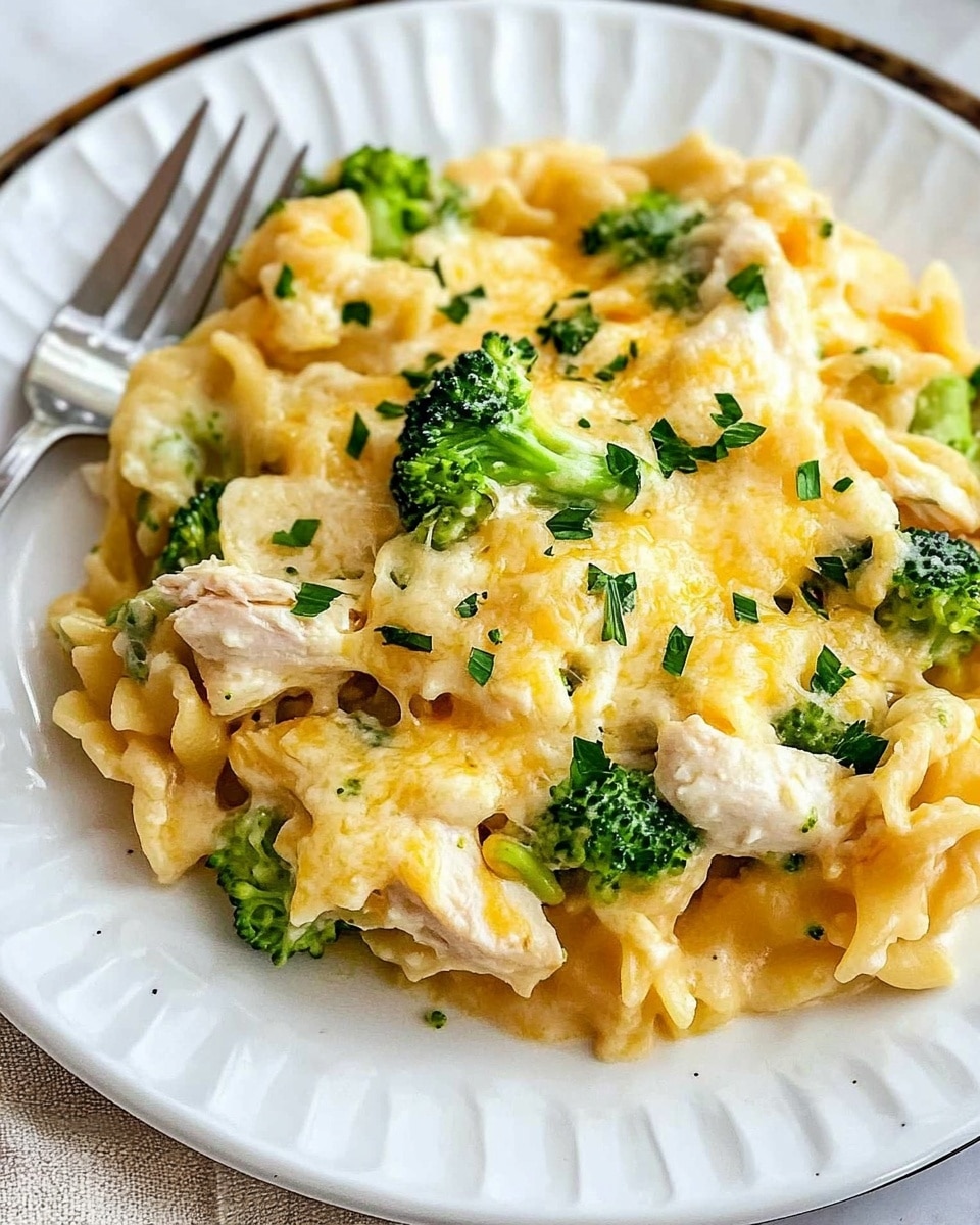 Cheesy Broccoli Chicken and Rice Casserole, cheesy chicken and broccoli bake, easy broccoli chicken casserole, healthy chicken rice casserole, weeknight chicken casserole A white plate with a textured rim holds a creamy dish made of three main layers of ingredients mixed together. The bottom layer is soft, pale yellow pasta mixed with small white chunks of chicken and bright green pieces of broccoli scattered evenly throughout. The middle layer has melted, golden-yellow cheese coating the pasta and vegetables, creating a smooth, shiny texture. The top layer is sprinkled with fresh chopped green herbs, adding color contrast and freshness. A shiny silver fork rests on the left side of the plate, and the whole scene is set on a surface with a white marbled texture.