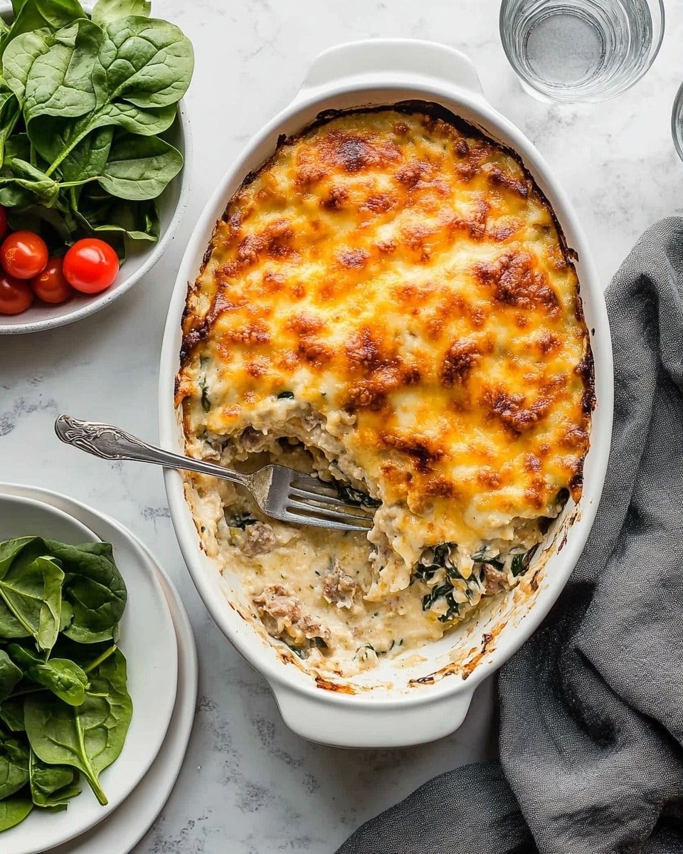 Ground Turkey and Sweet Potato Breakfast Casserole, healthy breakfast casserole with turkey and sweet potatoes, protein-packed breakfast bake, easy meal prep breakfast, hearty morning casserole A single square slice of a layered dish sits on a white plate with a white marbled surface underneath. The bottom layer is a light golden brown crust, followed by a thick layer of ground meat with a crumbly texture in a light brown color. Above this is a fluffy, pale yellow egg layer. The top layer is golden and slightly crusty with several fresh green spinach leaves placed on top. Some white grated cheese is sprinkled over the slice and around the plate. In the background, a white baking dish with the rest of the dish is slightly out of focus.