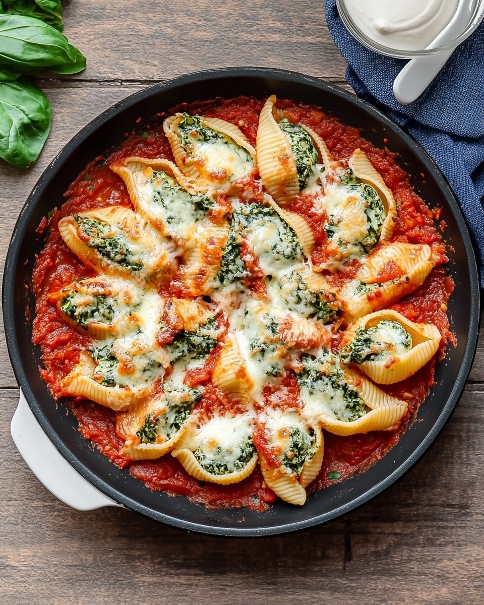 Spinach Ricotta Stuffed Shells with Tomato Sauce, spinach stuffed pasta bake, cheesy stuffed shells, baked spinach ricotta shells, easy stuffed pasta recipe The image shows a black bowl with stuffed pasta shells on top of a chunky red tomato sauce. There are at least five large pasta shells filled with creamy white and green spinach cheese mixture. The shells are golden brown on top with baked melted cheese. Fresh green basil leaves are scattered on and around the shells. Two silver forks lay inside the bowl, partially resting on the food. In the background, there is a blue cloth and a black pan with more stuffed shells. The surface under everything is dark wood.