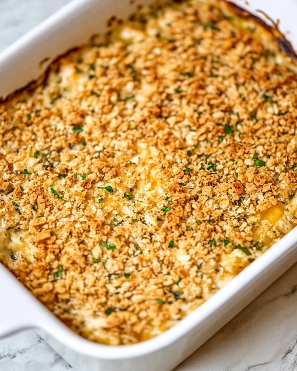 A close-up view of a white rectangular baking dish filled with a golden-brown baked casserole. The top layer is covered with a crunchy, crumbly topping that is uneven in size, showing small bits of green herbs peeking through underneath. The casserole beneath has a smooth, creamy texture with a warm yellow-orange color. The dish is set on a white marbled surface, and the edges of the baking dish are slightly visible around the casserole. photo taken with an iphone --ar 4:5 --v 6.1