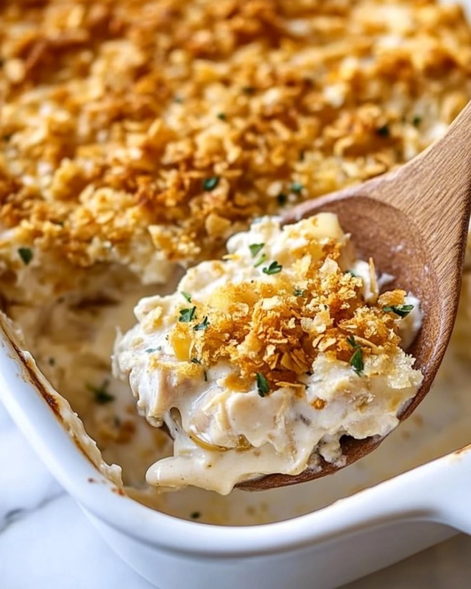 The image shows a white baking dish filled with a creamy casserole topped with a golden-brown crunchy layer. The casserole has a mix of white creamy sauce and small chunks of what looks like chicken or similar, with a crunchy golden topping scattered evenly with some green herbs. A wooden spoon is scooping out a serving, showing the soft, creamy inside layer contrasted with the crispy topping. The dish is placed on a white marbled surface. photo taken with an iphone --ar 4:5 --v 6.1