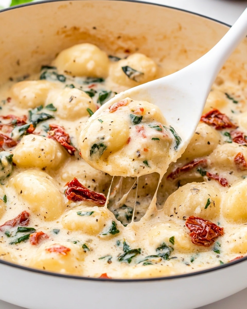 A close-up view of a white pan filled with creamy potato gnocchi covered in a thick, light beige sauce with visible specks of herbs. Inside the sauce, there are pieces of sun-dried tomatoes with a rich red color and dark green spinach leaves scattered throughout. A white spoon lifts a portion showing the soft, round gnocchi and the mixed ingredients, with some melted cheese stretching slightly. The pan rests on a white marbled surface, and in the background, a small white bowl with more sun-dried tomatoes is partially visible. photo taken with an iphone --ar 4:5 --v 6.1