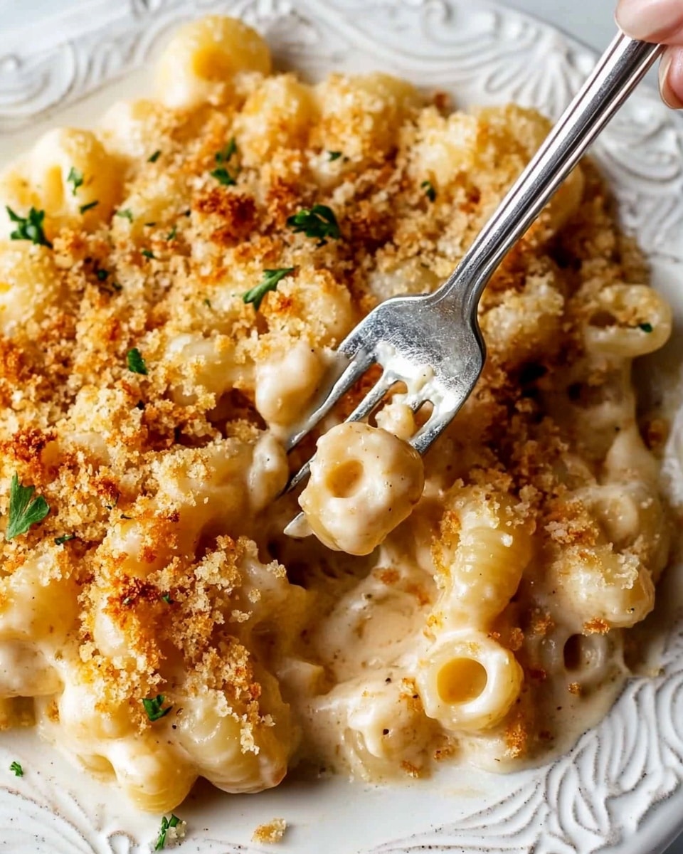 A white square baking dish filled with creamy macaroni and cheese topped with a thick, crispy, golden-brown breadcrumb layer sprinkled with small green herb bits. A wooden spoon is scooping a portion from the dish, showing the soft, smooth, pale yellow mac and cheese underneath the crunchy top layer. The background is a white marbled surface. Photo taken with an iphone --ar 4:5 --v 6.1