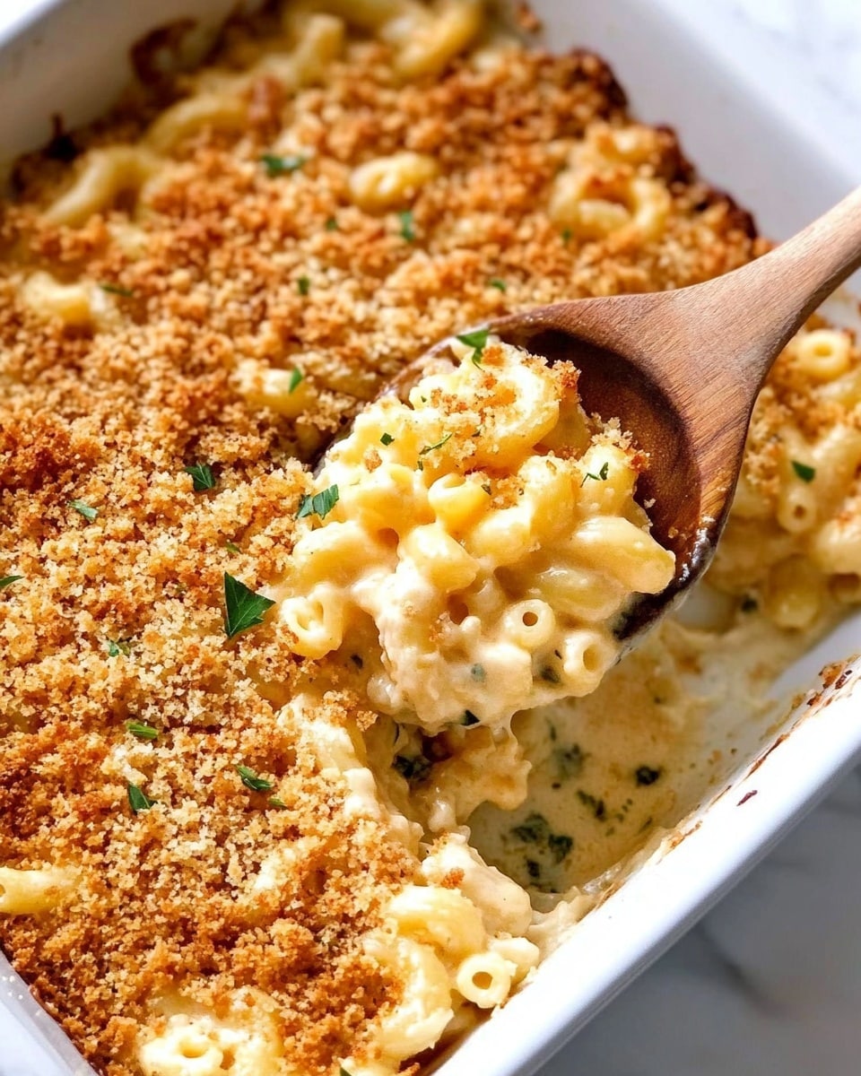 The dish shows creamy macaroni and cheese with small pasta shells covered in a smooth, pale yellow cheese sauce. On top, there is a layer of golden-brown crispy crumbs sprinkled with small green herbs. A woman's hand holds a silver fork that is lifting some pasta from the plate, carving through the crumb topping. The plate is white with a detailed pattern around the edges, set on a white marbled surface. photo taken with an iphone --ar 4:5 --v 6.1