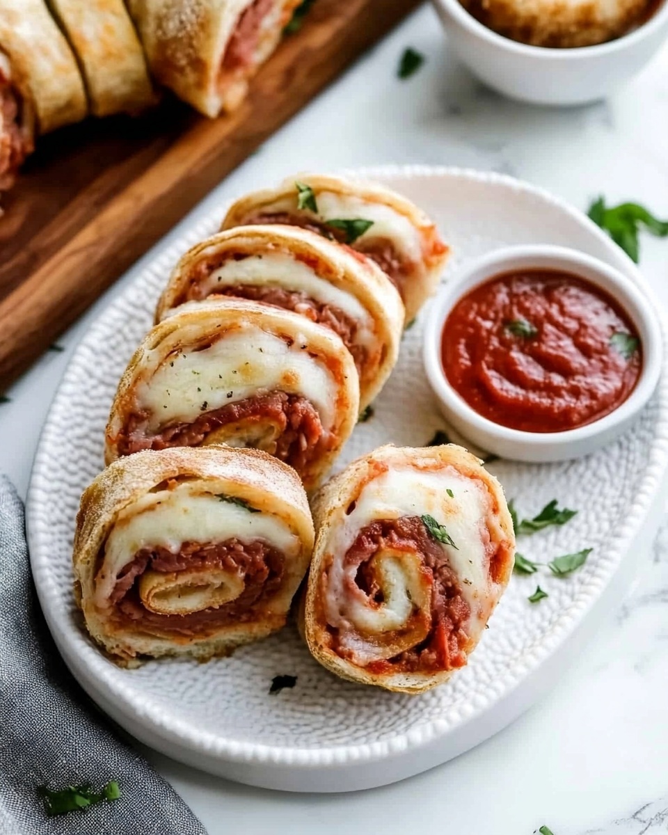 The image shows a soft, golden-brown rolled bread sliced into even pieces, each slice revealing several layers inside. The layers inside include light cream or cheese, thin slices of pinkish-red meat, and bright red slices of tomato. The rolls are placed in a line on a white, marbled surface. To the right of the rolls, there is a white bowl filled with bright red sauce topped with green herbs. The photo is bright and clear, emphasizing the textures of the bread and the fresh ingredients. Photo taken with an iphone --ar 4:5 --v 6.1