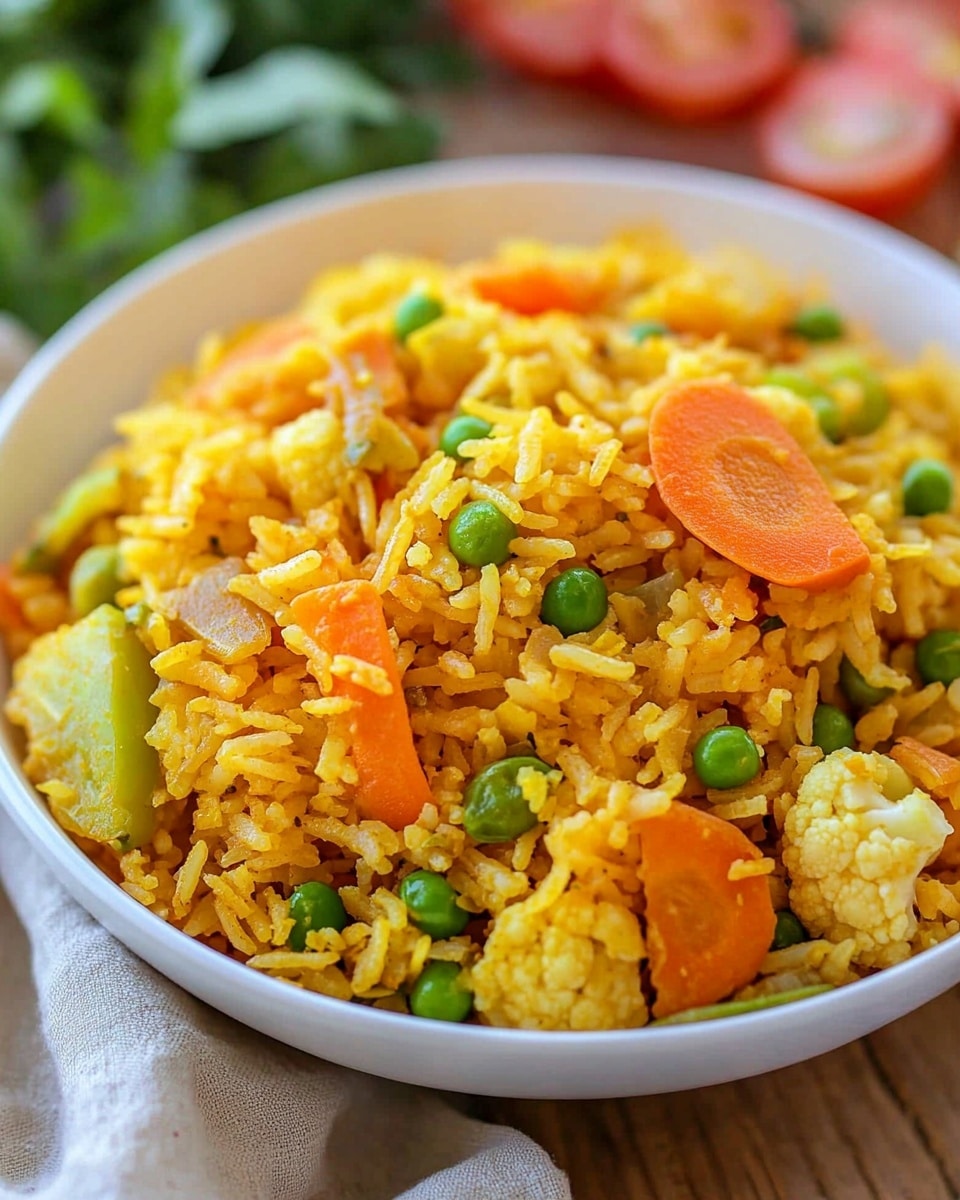 A close-up view of a white bowl filled with yellow-orange cooked rice mixed with colorful vegetables like green peas, green bell pepper slices, orange carrot rounds, and light yellow cauliflower pieces. The rice looks fluffy and has some small thin orange shreds adding texture. The bowl sits on a wooden surface with a soft beige cloth and fresh green herbs and sliced red tomatoes blurred in the background. Photo taken with an iphone --ar 4:5 --v 6.1