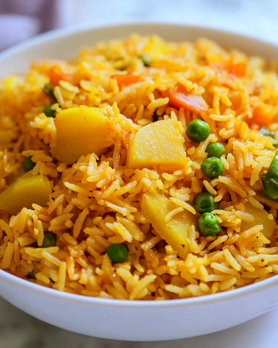 A close-up view of a white bowl filled with a mixed vegetable rice dish, showing one main layer of vibrant yellow-orange rice studded with visible green bell pepper slices, small chunks of carrot, cauliflower florets, and pieces of potato. The rice grains look fluffy and separate, while the vegetables add varied textures, including the smooth curved edges of the peppers and the rough, bumpy surface of the cauliflower. The bowl sits on a white marbled surface, and the dish is arranged naturally without extra garnish. photo taken with an iphone --ar 4:5 --v 6.1