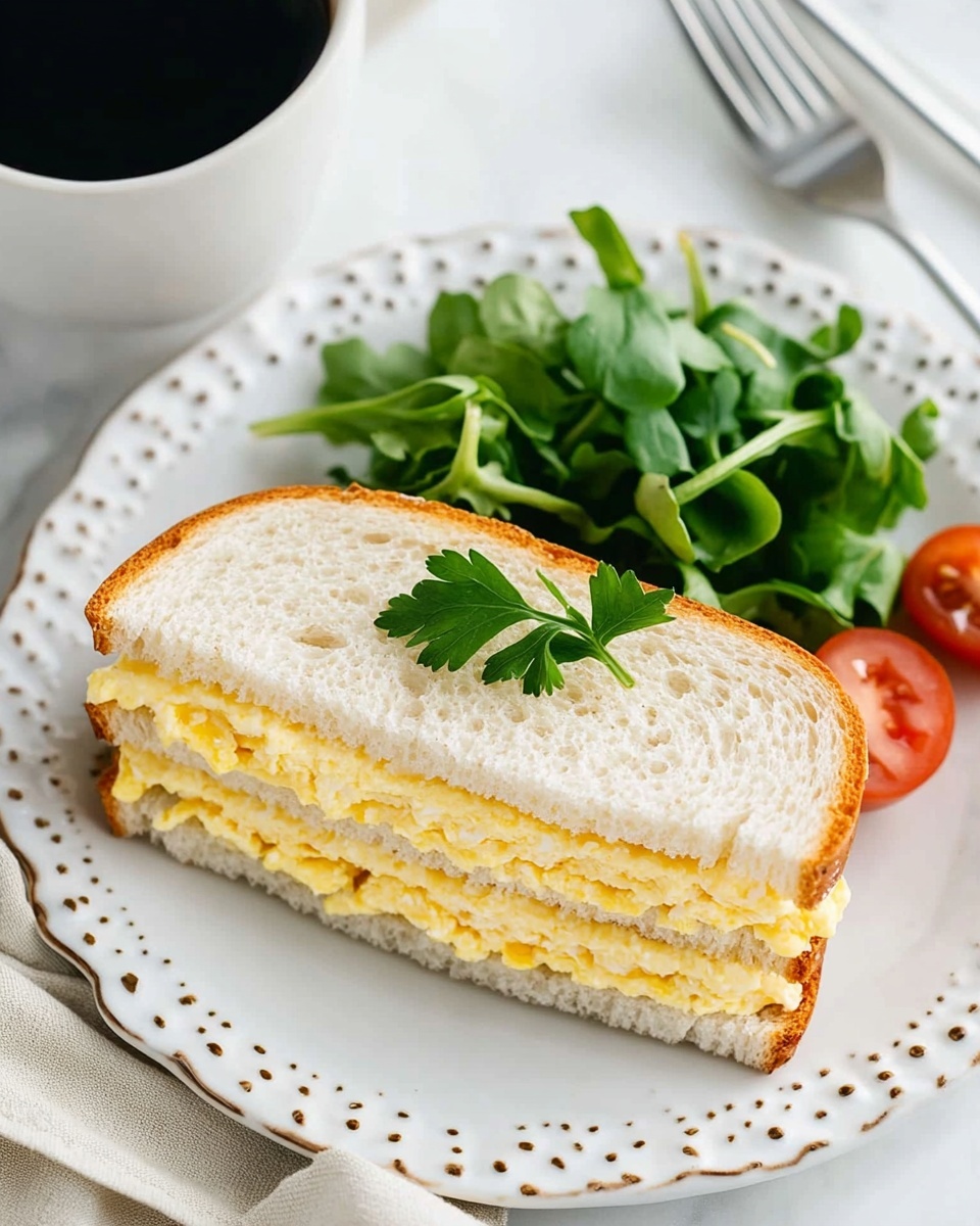 This image shows a white decorative plate on a white marbled surface holding two sandwich halves side by side. Each sandwich has three layers of soft white bread separated by two layers of creamy yellow egg salad filling with a slightly chunky texture. A small green parsley leaf sits on top of the sandwiches for garnish. Next to the sandwiches on the same plate is a small pile of fresh green leafy salad with a few halved cherry tomatoes adding bright red color. At the edge of the plate, a silver fork rests partly on the plate and partly on a beige and white striped cloth. At the top left, there is a white cup filled with dark black coffee. The photo was taken with an iphone --ar 4:5 --v 6.1