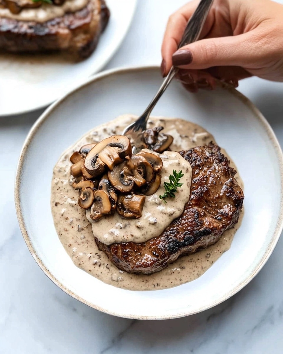 A close-up view of a pan filled with creamy mushroom sauce, showing many sliced mushrooms in a light beige creamy liquid. The mushrooms are soft brown with darker edges, floating evenly in the sauce. A wooden spoon with a textured handle is scooping a portion of the sauce and mushrooms from the right side of the pan, lifting some mushrooms and creamy sauce. The pan has a dark interior with a shiny metal handle, and the scene is set against a white marbled background. Photo taken with an iphone --ar 4:5 --v 6.1