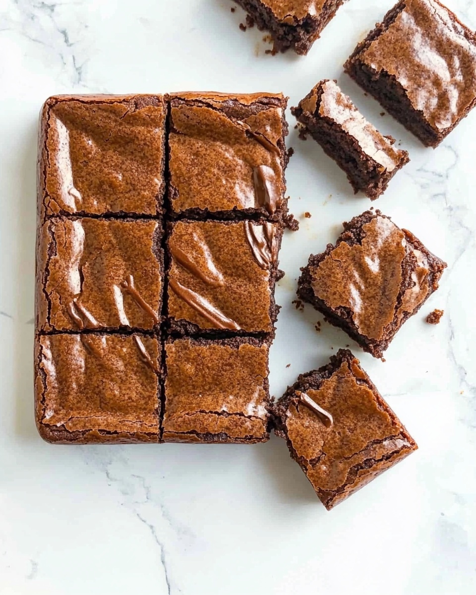 A close-up of a square chocolate brownie tray on a white marbled surface, cut into nine even pieces, with one piece placed slightly apart to the right, showing its dark brown color and shiny, slightly wrinkled top texture, while crumbs are scattered lightly around it, highlighting the brownie s moist inside and firm exterior; photo taken with an iphone --ar 4:5 --v 6.1