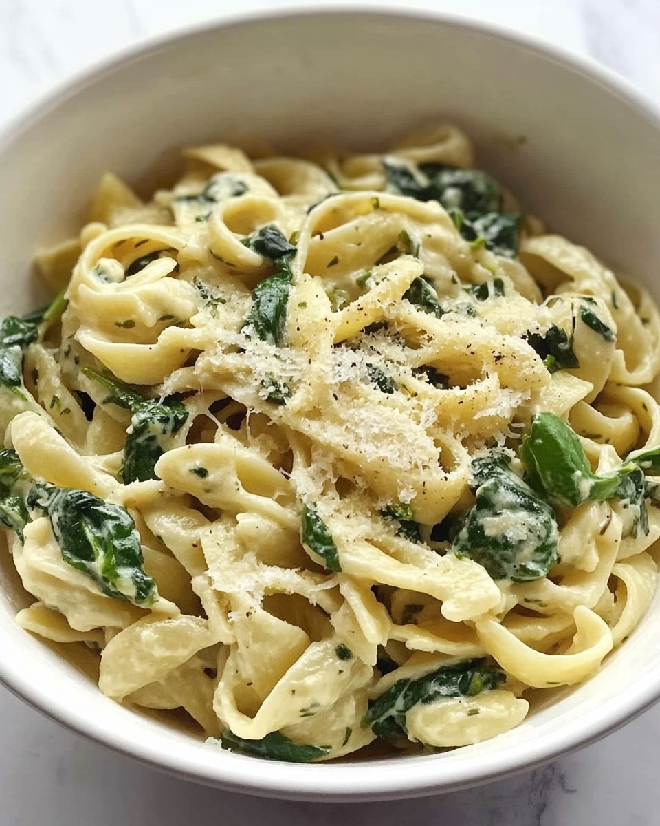The image shows a bowl filled with pasta that looks soft and slightly twisted, mixed with fresh green spinach leaves. The pasta is coated evenly in a creamy sauce with green herbs and small bits of grated cheese scattered on top. The pasta pieces are mostly pale yellow, while the spinach adds splashes of dark green, creating a nice contrast. The bowl is white and sits on a white marbled surface. Photo taken with an iphone --ar 4:5 --v 6.1