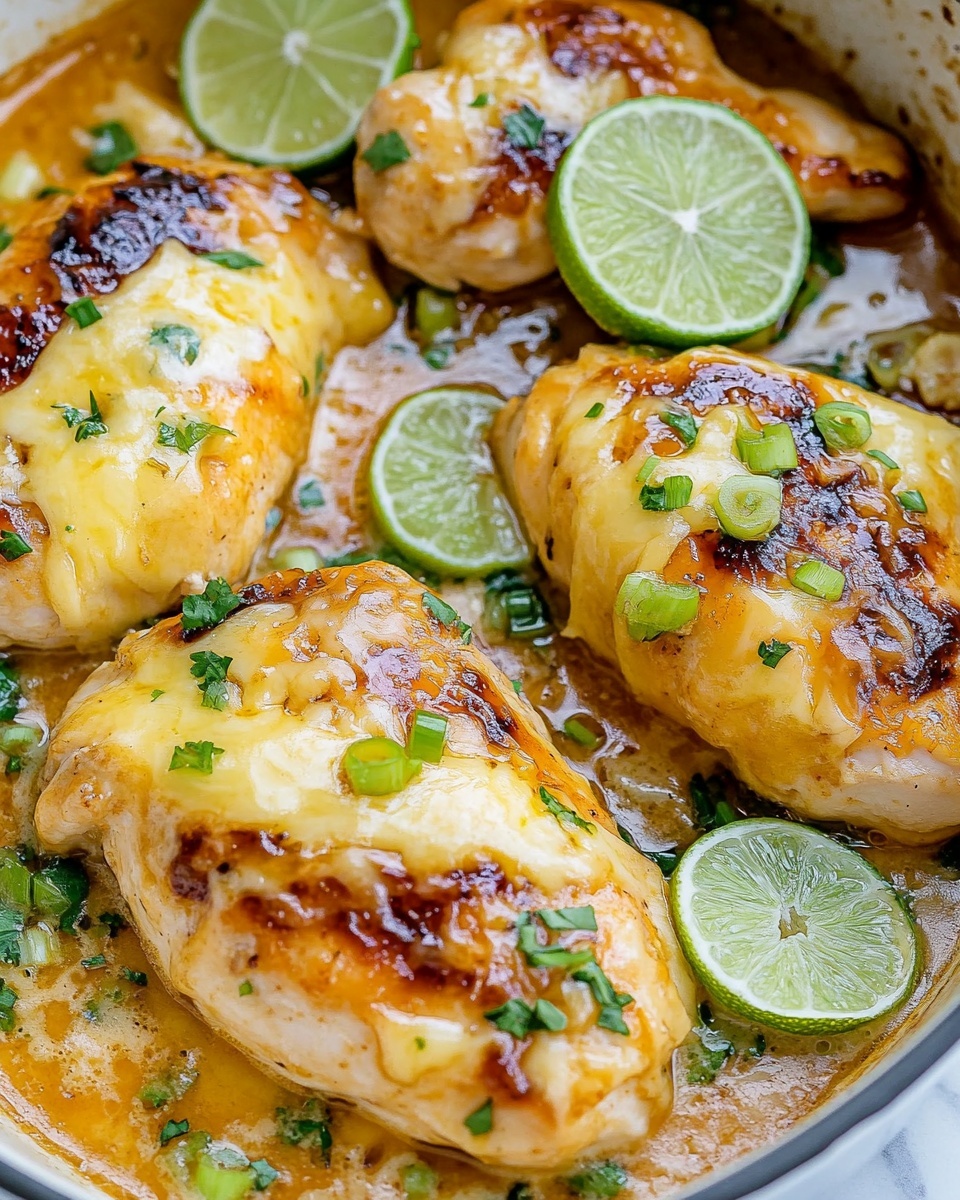 The image shows a close-up of four cooked chicken pieces in a white pan, each topped with melted light yellow cheese and small green onion slices. The chicken has a golden-brown color with a shiny, slightly oily texture from the cooking juices around them. Thin slices of lime with a green rind and pale green inside are placed on top and between the chicken pieces. Fresh small bits of chopped green herbs are sprinkled across the dish, adding contrast to the warm colors. The white pan is slightly stained from the cooking sauce, creating a rustic look on a white marbled surface. Photo taken with an iphone --ar 4:5 --v 6.1