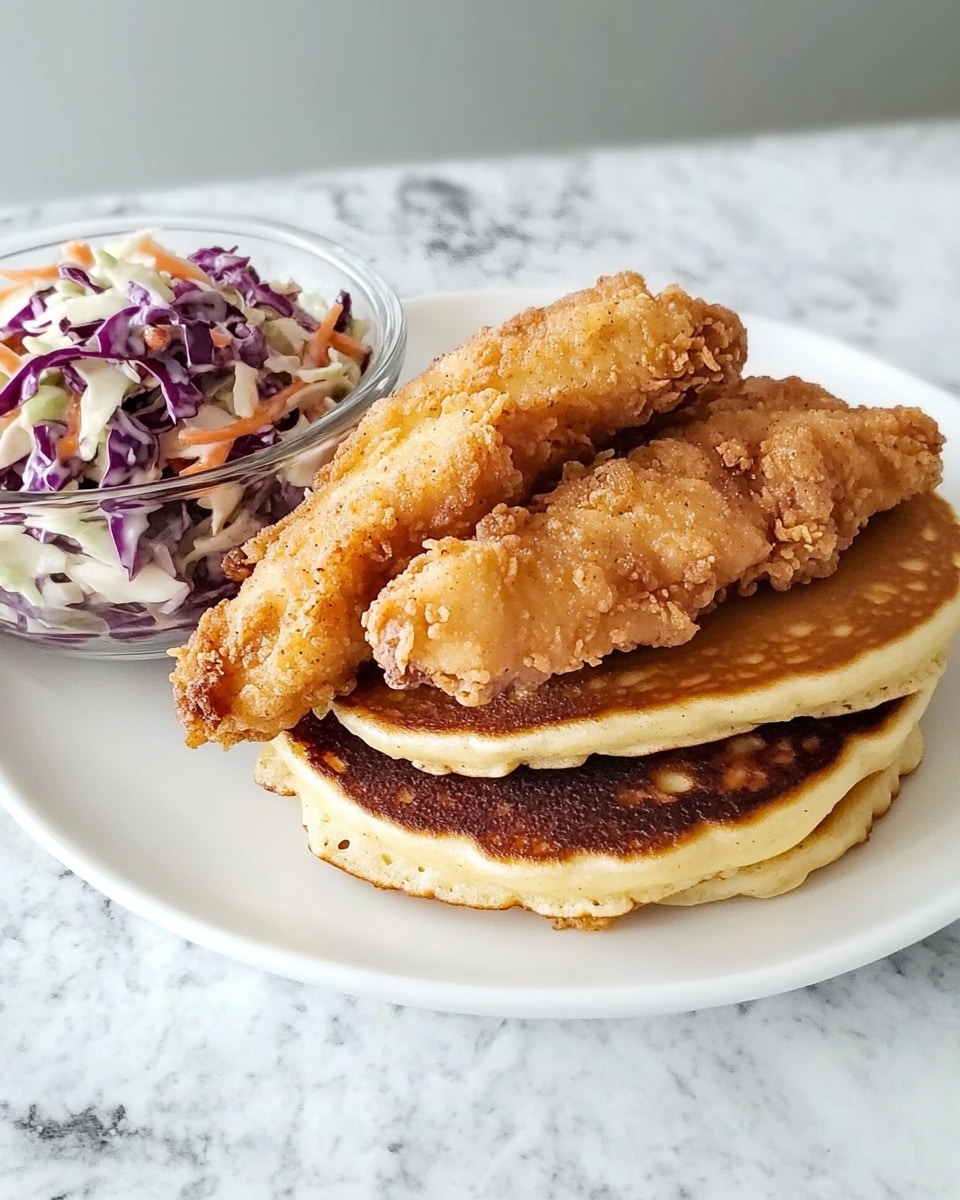 On a white plate set on a white marbled surface, there are three pancakes stacked side by side, each pancake golden brown with some darker spots showing light crisp texture. On top of the pancakes, three pieces of fried chicken strips with a crispy golden crust are placed lengthwise, covering part of each pancake. To the left of the plate is a clear glass bowl filled with a colorful coleslaw made of purple and white cabbage mixed with a creamy dressing. The photo taken with an iphone --ar 4:5 --v 6.1