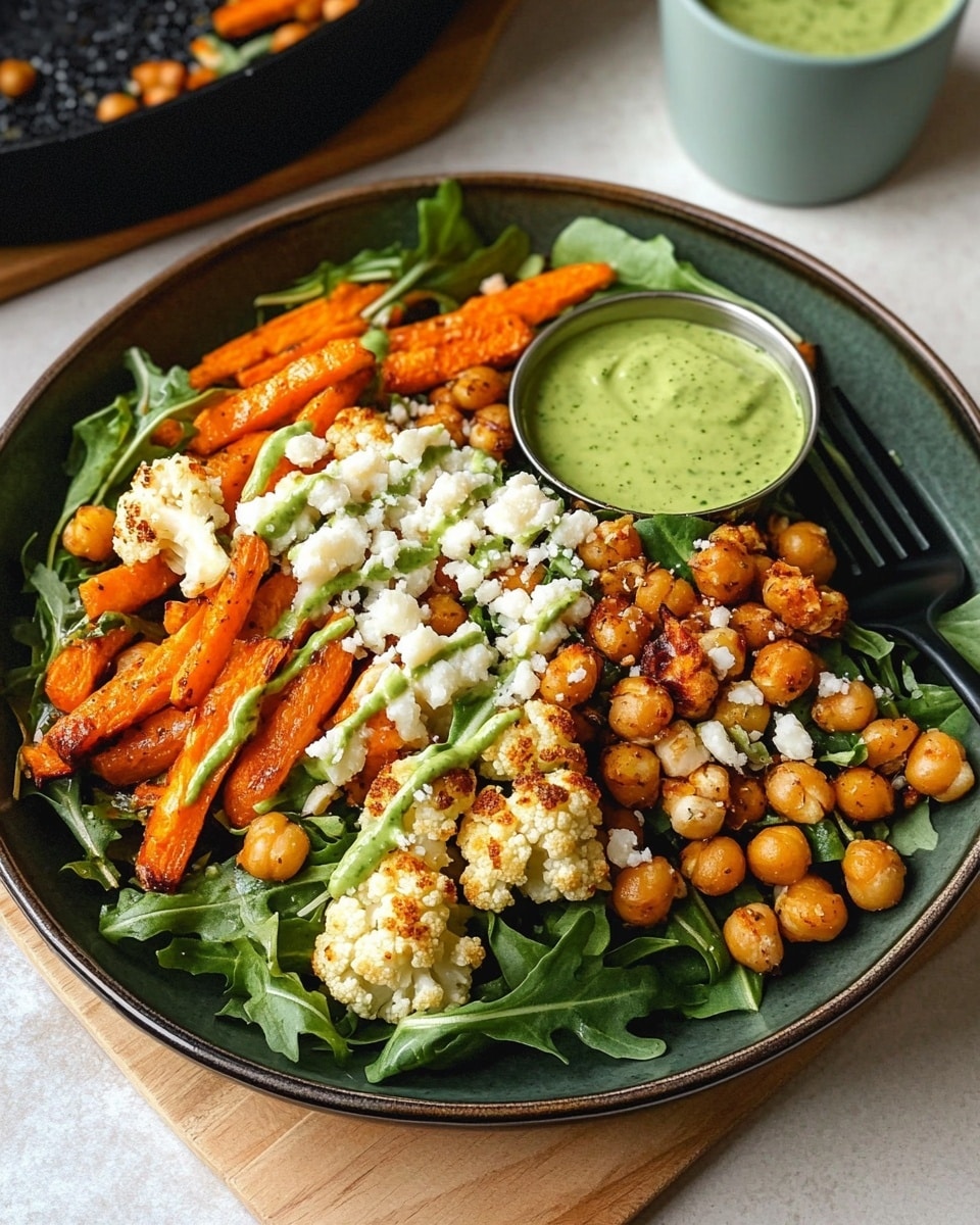 In a dark green bowl on a wooden surface, a salad is arranged in layers starting with fresh green arugula leaves at the bottom. Above the greens, many roasted orange carrot sticks and golden-brown cauliflower florets are spread out, mixed with crispy-looking roasted chickpeas. White crumbles of cheese are scattered generously on top. Green creamy dressing is drizzled over the salad, with a small metal cup of the same dressing resting inside the bowl to the side. Some light-colored pumpkin seeds are sprinkled over the salad, adding texture. A black fork lies in the bowl. In the background, a white marbled surface supports a dark pan with more roasted vegetables. Photo taken with an iphone --ar 4:5 --v 6.1