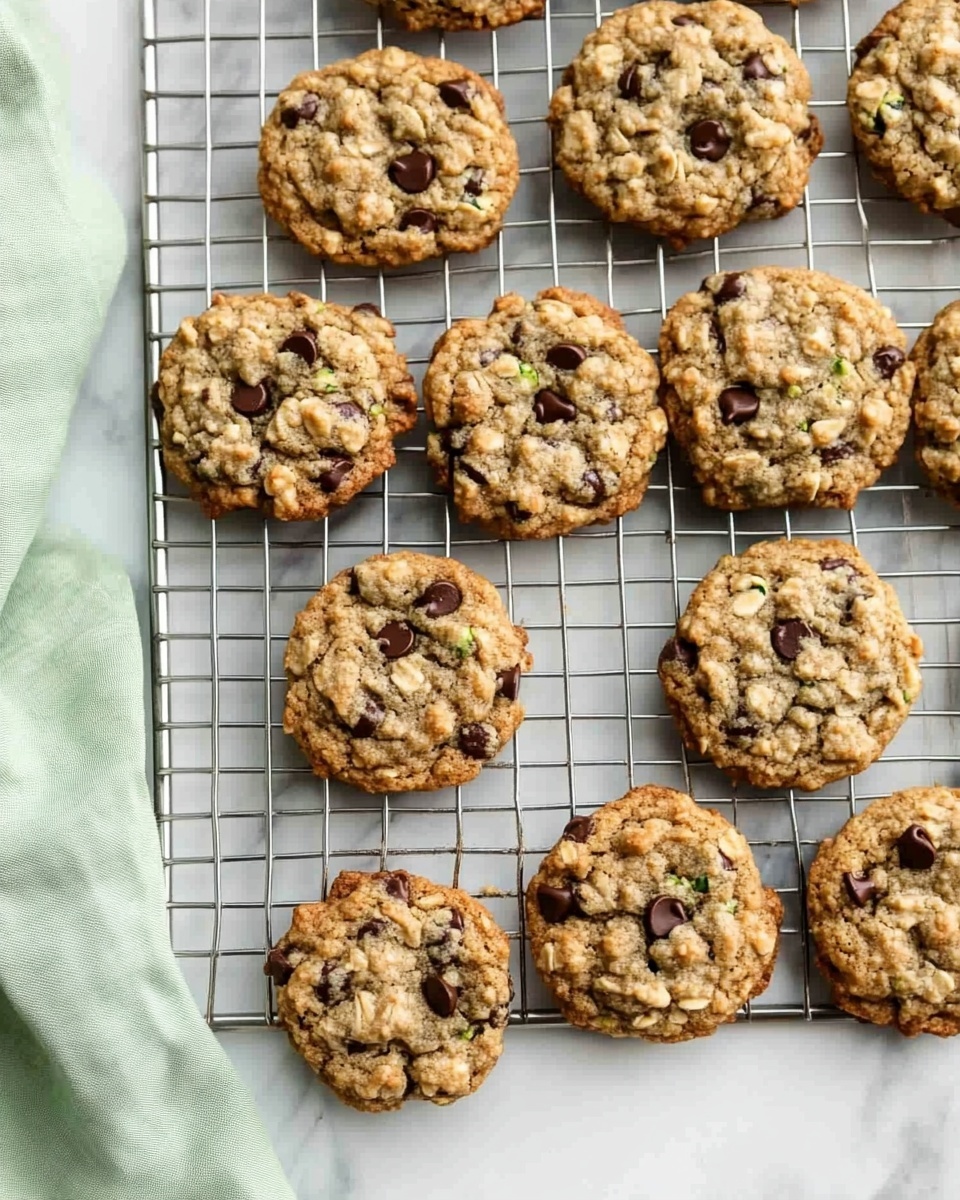 A white plate with colorful polka dots holds seven round cookies with a rough texture, showing oats and chocolate chips across their brown surface and bits of green zucchini mixed inside. Around the plate on a white marbled surface, several more cookies lie scattered, along with a whole zucchini to the right and a small white bowl filled with shiny dark chocolate chips at the top right corner. A green cloth is partially visible at the bottom left corner. photo taken with an iphone --ar 4:5 --v 6.1