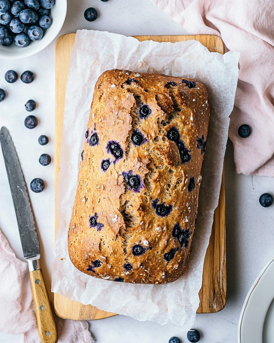 Two slices of thick, soft bread with a light brown color and a moist texture sit on white plates with a ridged edge design. The bread contains visible green zucchini bits and dark blue blueberries scattered inside, giving it a mixed texture with some dense spots around the fruit. The plates are placed on a white marbled surface, surrounded by a few fresh blueberries and a light pink cloth. Two vintage silver spoons are positioned next to one of the plates. Photo taken with an iphone --ar 4:5 --v 6.1