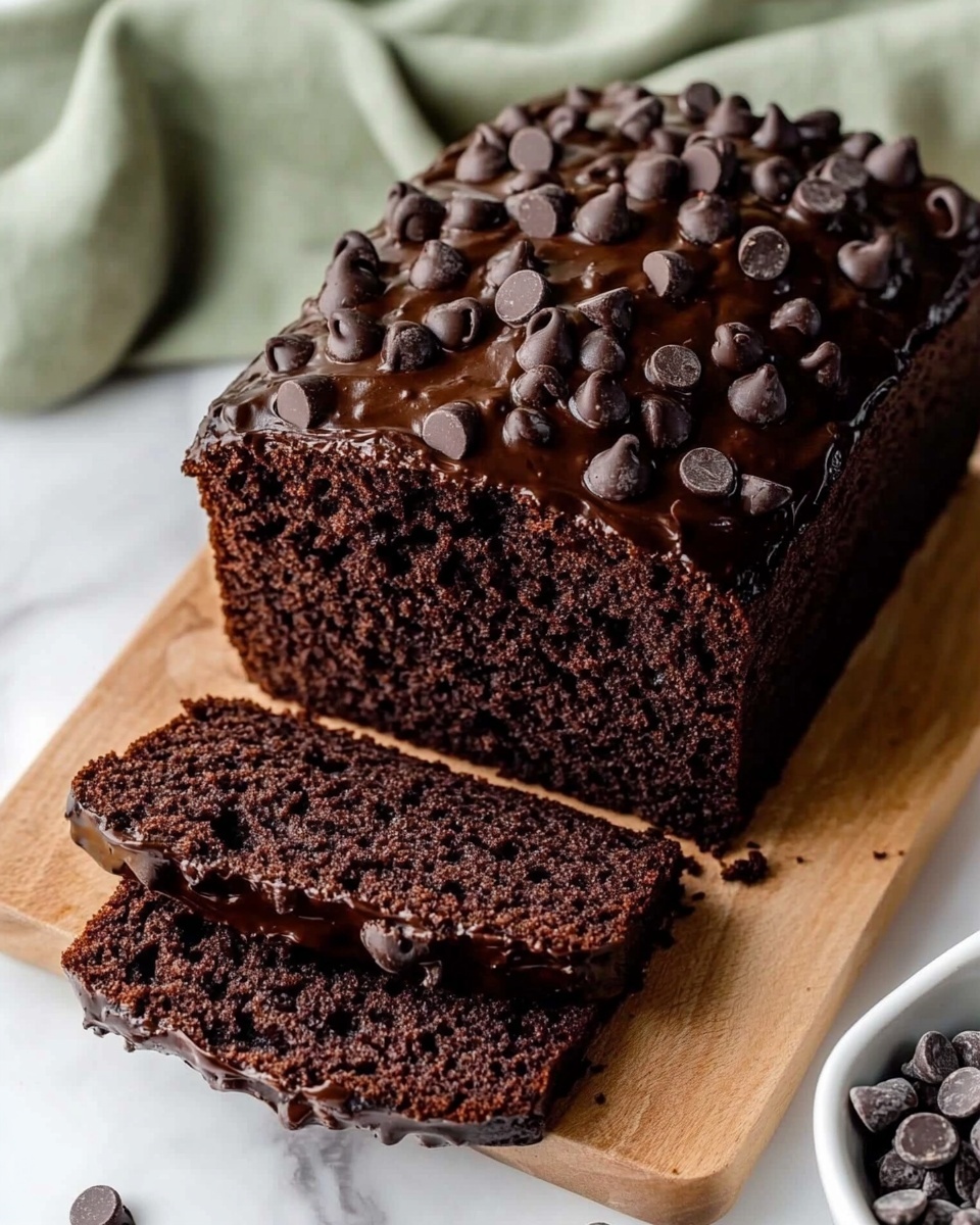 A dark brown chocolate loaf cake is shown on a white marbled surface, placed on a wooden board. The cake is sliced, revealing two thick slices in front with a dense, moist texture and visible chocolate chips inside. The top of the cake has a textured surface sprinkled with melted and whole chocolate chips, which add a shiny, rich detail. Behind the cake, a green cloth adds a subtle color contrast. In the lower corner, a small white bowl filled with chocolate chips is partly visible. Photo taken with an iphone --ar 4:5 --v 6.1