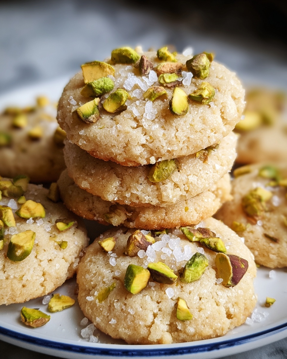 The image shows four round cookies on white parchment paper. Each cookie is light golden brown with a slightly cracked texture on top. There are chopped pistachio pieces scattered over the surface of the cookies, adding green and brown accents. A few flakes of salt are sprinkled on top, adding a sparkling white contrast. The cookies appear soft and thick, with a rough texture around the edges. The background is blurred, showing part of a dark brown tray or table. photo taken with an iphone --ar 4:5 --v 7