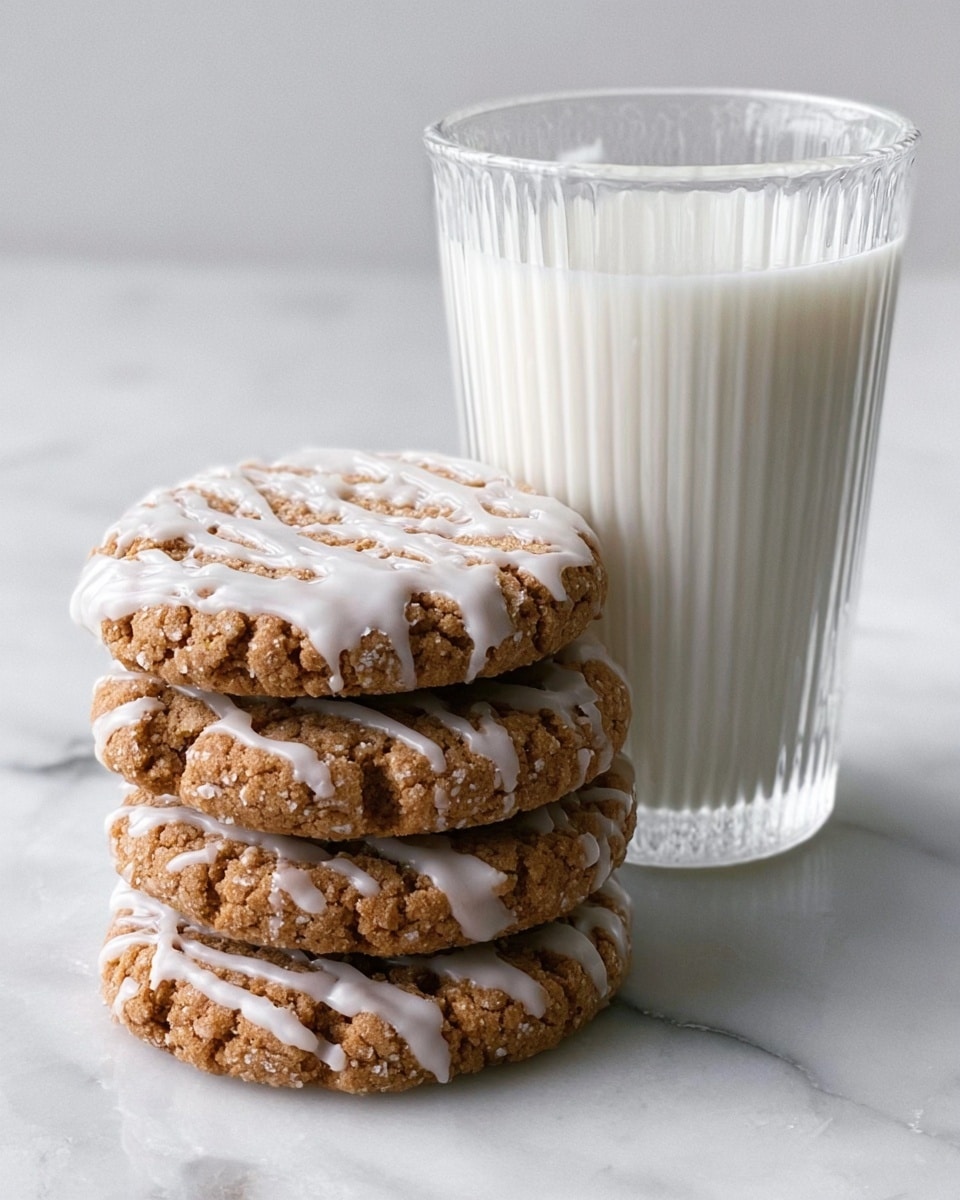 A white plate holds twelve round, thin cookies with a brown base and a white icing pattern spread unevenly on top, creating a textured look. Around the plate, there are seven more cookies, some stacked, all showing the same brown and white icing pattern. Three clear glasses filled with milk are placed near the plate on a white marbled surface. A soft pinkish-beige cloth is casually placed at the bottom left corner of the scene. The lighting is soft and natural, highlighting the details of the cookies and the smooth surface of the milk. photo taken with an iphone --ar 4:5 --v 7