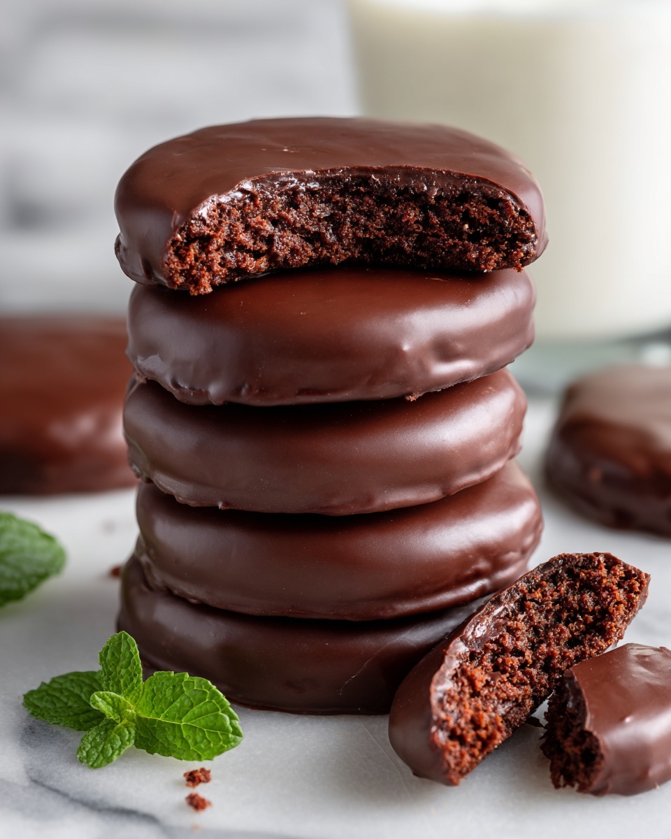 A tall stack of eight round chocolate-covered cookies sits on a white marbled surface. The top cookie is bitten showing a dense, dark brown inside texture. Each cookie is coated in smooth milk chocolate with a few small uneven spots. In the soft-focus background, a couple of similar chocolate cookies and a blurred green leaf are visible. The lighting is soft and natural, highlighting the glossy chocolate coating. photo taken with an iphone --ar 4:5 --v 7