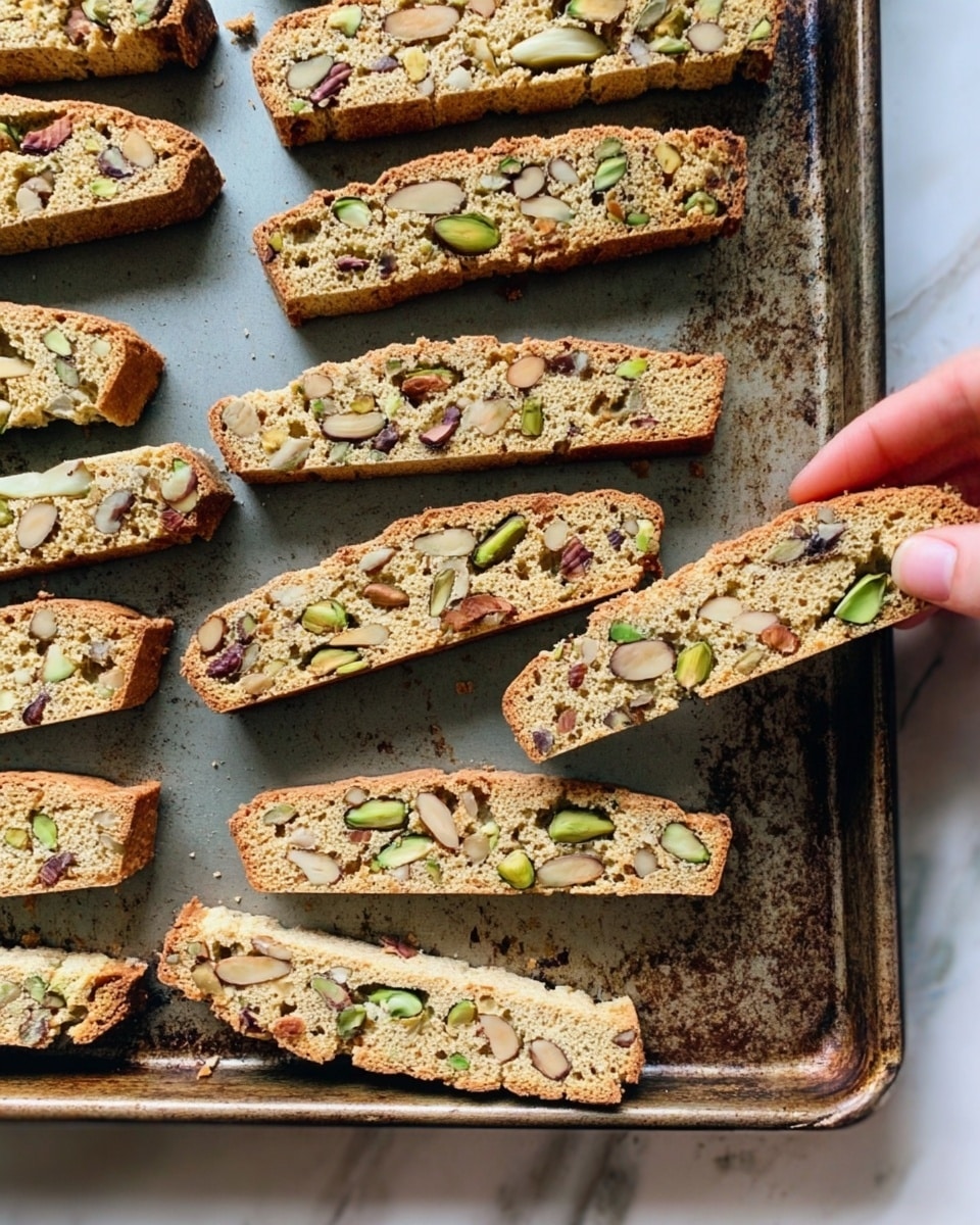 The image shows six biscotti pieces arranged horizontally on a white marbled surface. From left to right, there is one plain biscotti piece, followed by a biscotti covered halfway with dark chocolate drizzle and a pool of melted chocolate underneath. Next, two biscotti slices reveal their texture filled with green pistachios and brown nuts inside. The last two biscotti pieces are dipped halfway in white icing sprinkled with light brown sugar crystals. On the far right, a white bowl holds more light brown sugar crystals, some spilled around the biscotti. Photo taken with an iphone --ar 4:5 --v 7