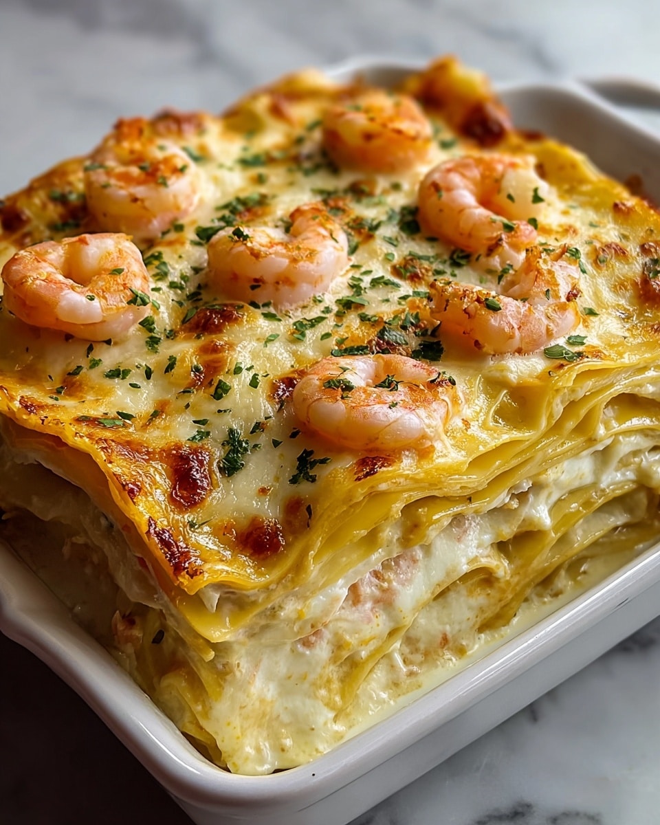 A close-up view of a three-layer lasagna slice sits on a white plate with a white marbled surface underneath. The top layer is golden brown melted cheese with small green herb sprinkles scattered across it. The middle layer shows a creamy white sauce mixed with small pink shrimp pieces and green herbs. The bottom layer is a light yellow pasta sheet visible just above the plate, also dotted with herbs and sauce. The lasagna looks moist and soft, with sauce slightly oozing onto the plate. photo taken with an iphone --ar 4:5 --v 7