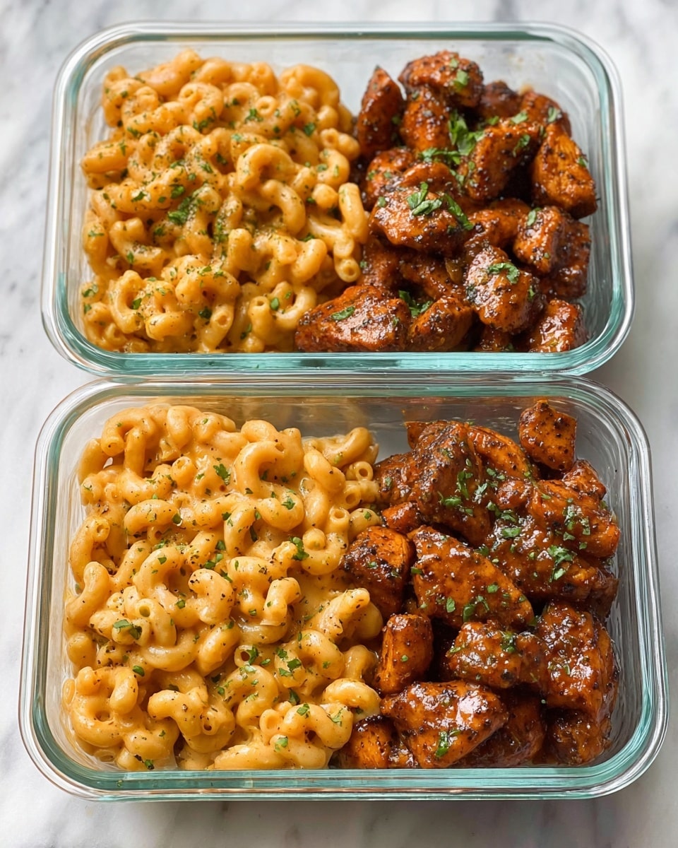 Two clear glass containers sit on a white marbled surface, each filled with two food layers. On the left side of each container is a creamy orange mac and cheese, sprinkled with small green herb bits and black pepper, showing the curly pasta shapes covered in sauce. On the right side are chunks of browned, spiced chicken mixed with chopped green herbs for color. In the background, there is a lit candle and some tall blue glass bottles. The photo taken with an iphone --ar 4:5 --v 7